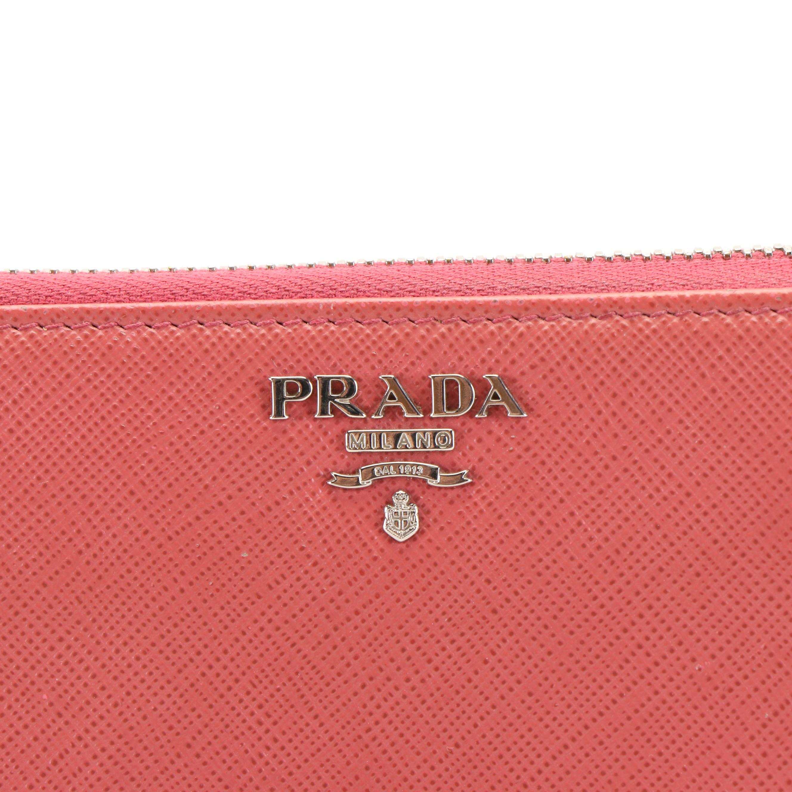 Prada Pink Coral Saffiano Leather Zip Around Wallet