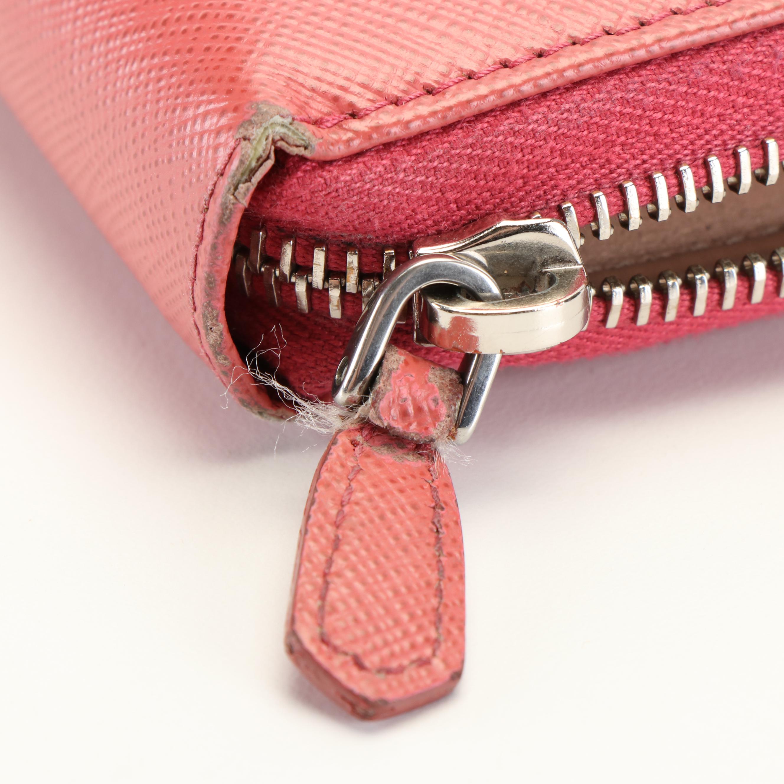 Prada Pink Coral Saffiano Leather Zip Around Wallet