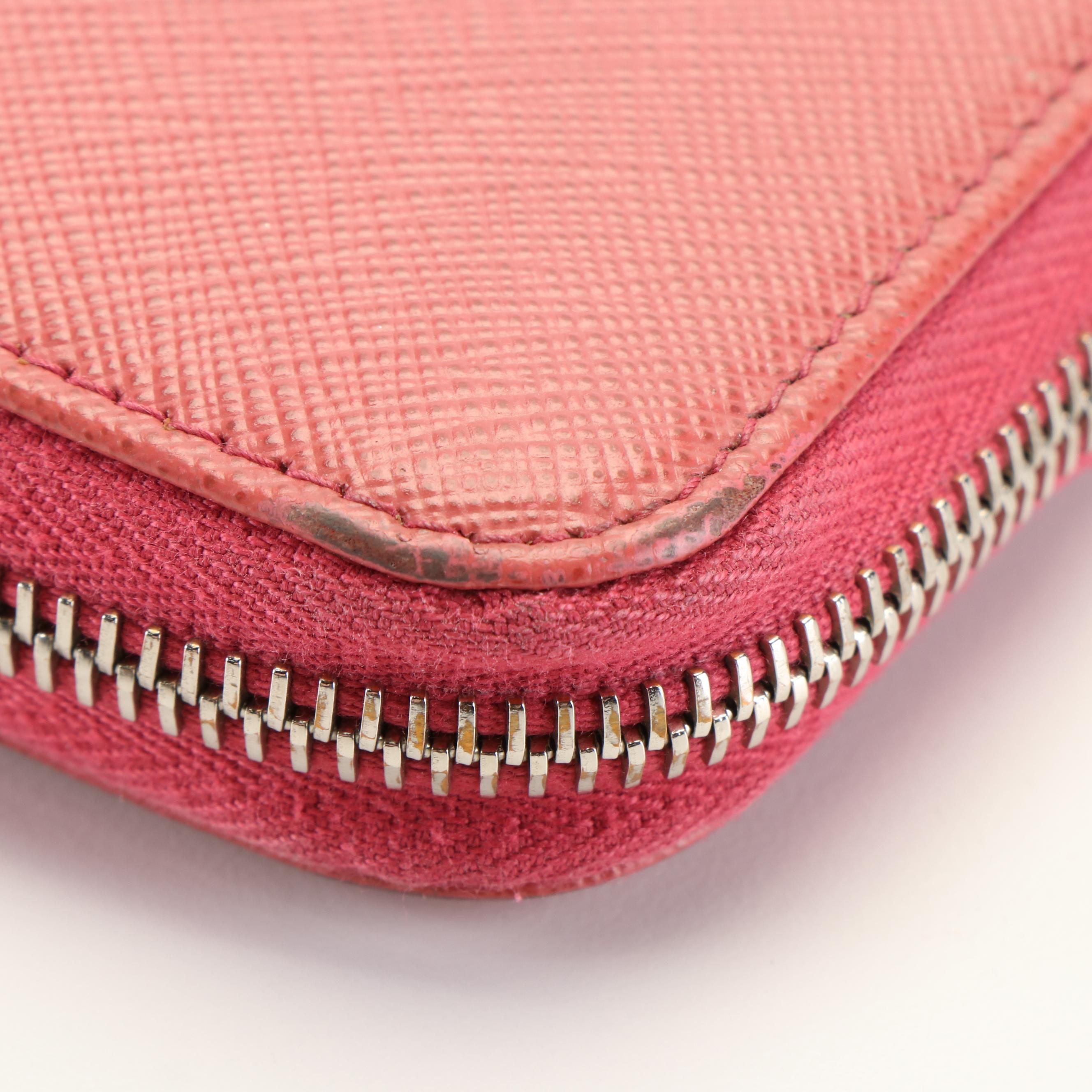 Prada Pink Coral Saffiano Leather Zip Around Wallet