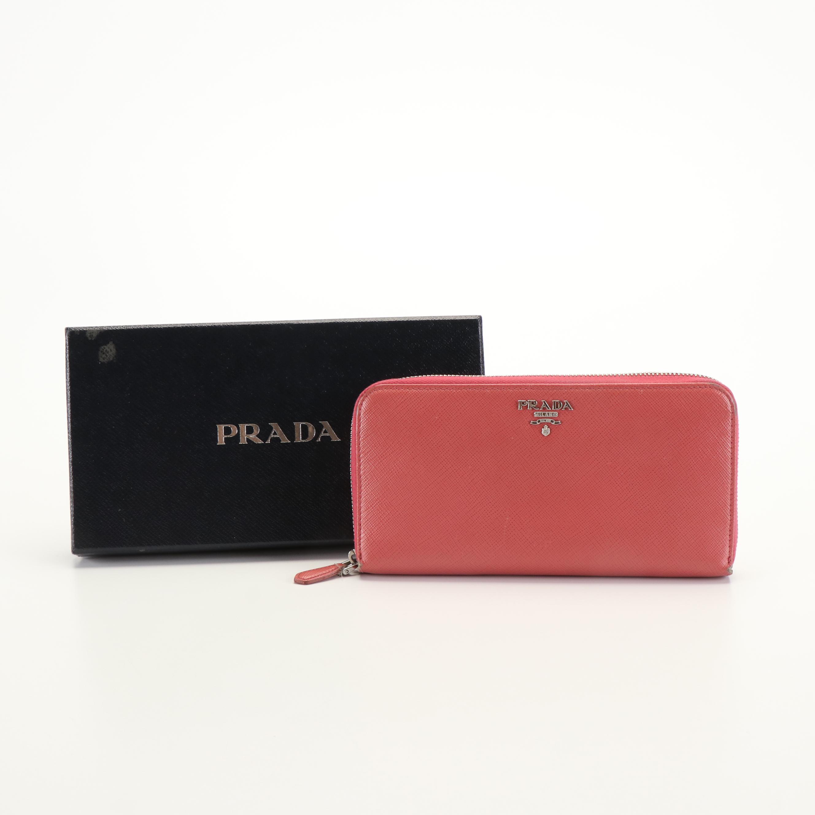 Prada Pink Coral Saffiano Leather Zip Around Wallet