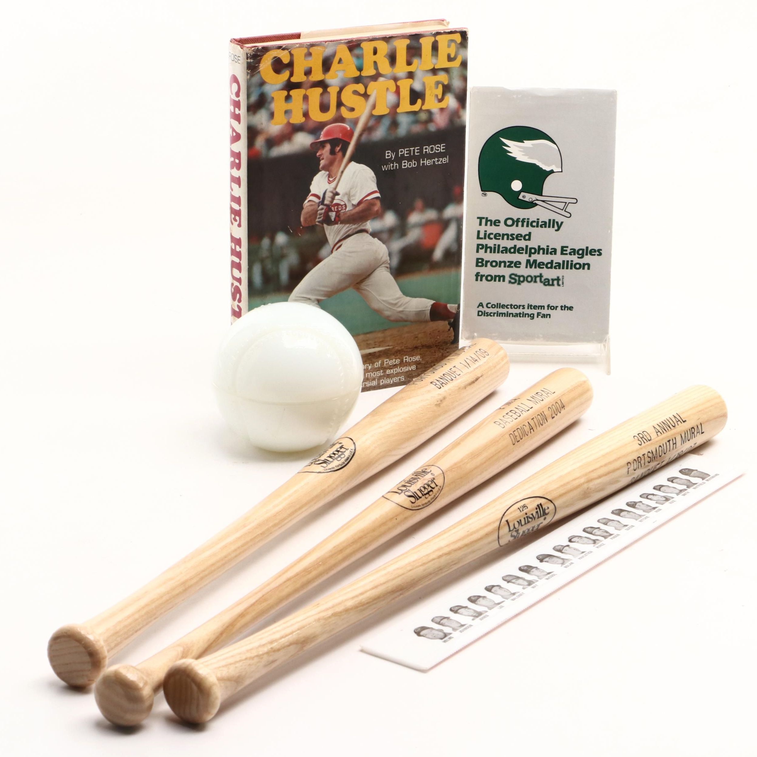 Pete Rose Signed "Charlie Hustle" Book with Mini Bats, Eagles Medallion, More