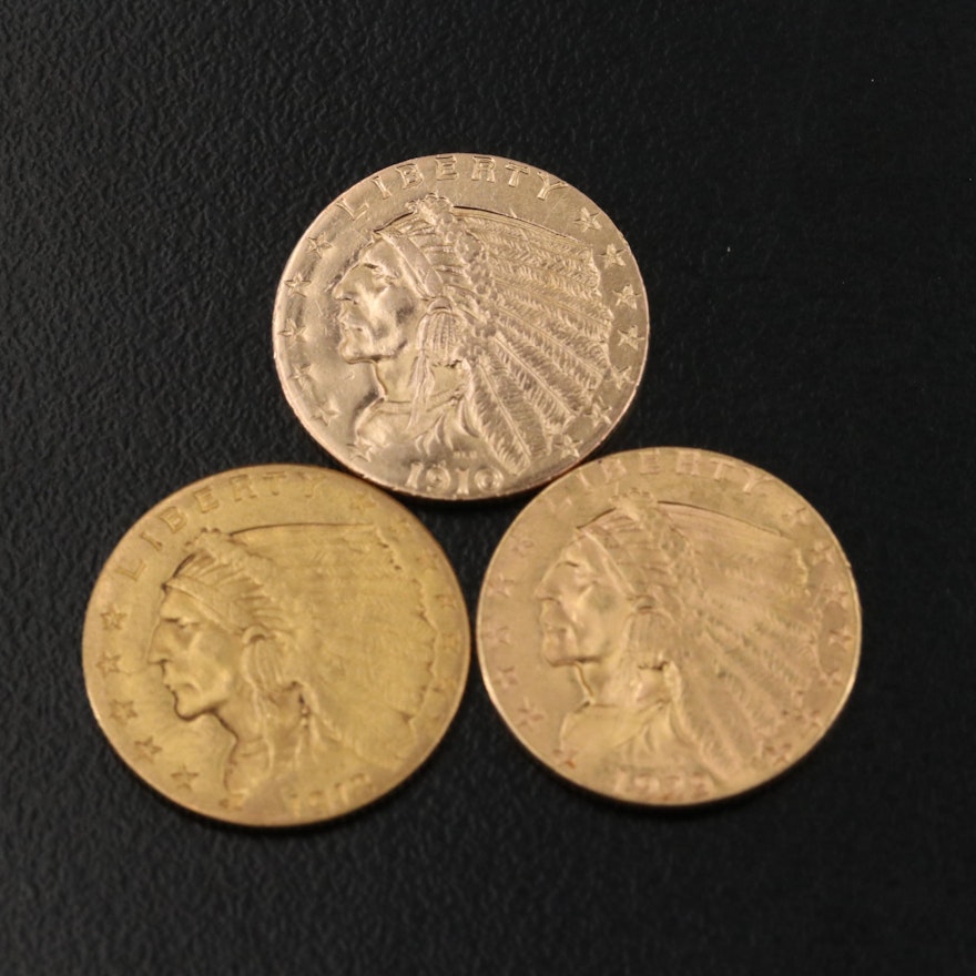 Three Indian $2 1/2 Gold Coins Including a 1910, 1913, and 1929