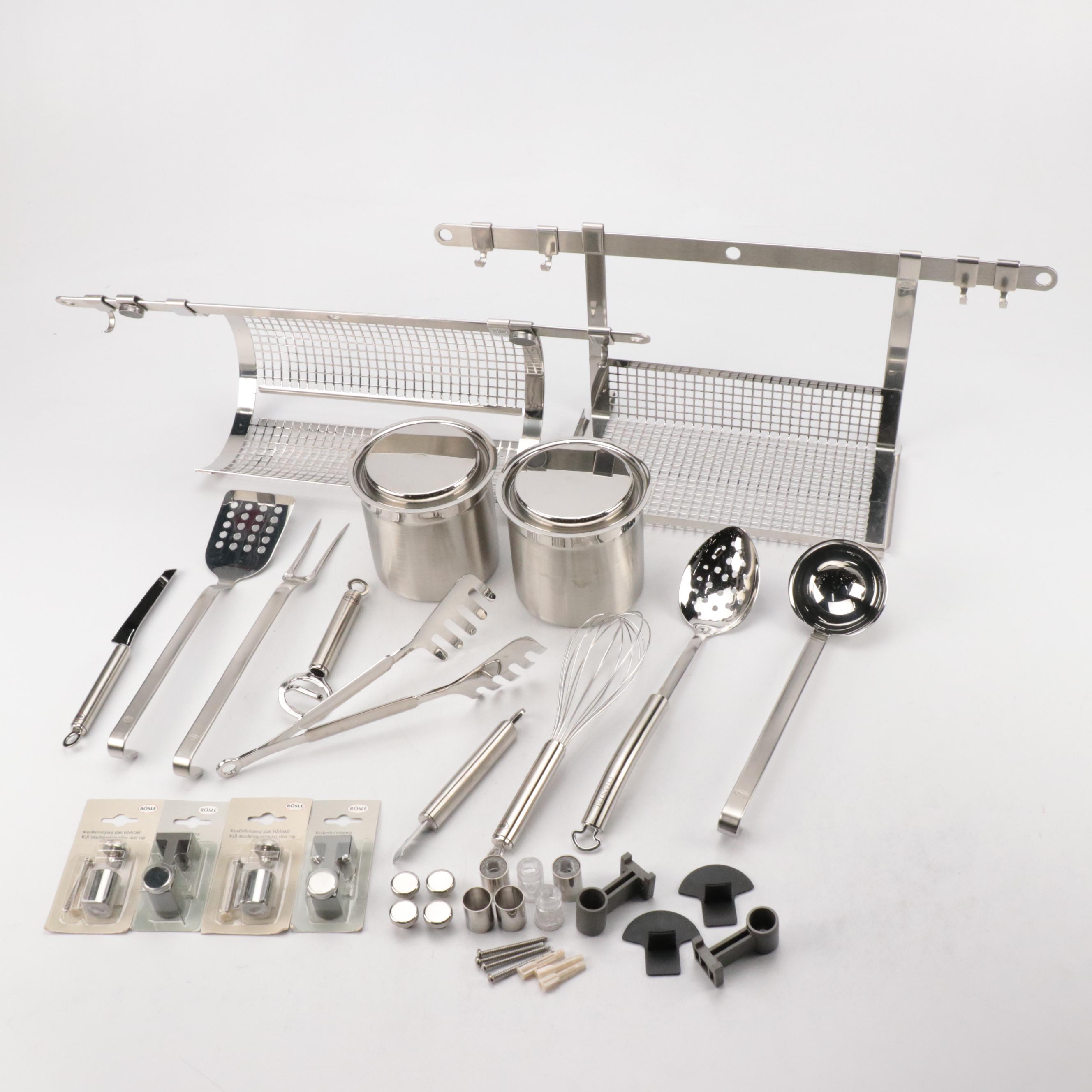 RÖSLE Modern Stainless Steel Cooking Utensils with Hanger and Food Canisters