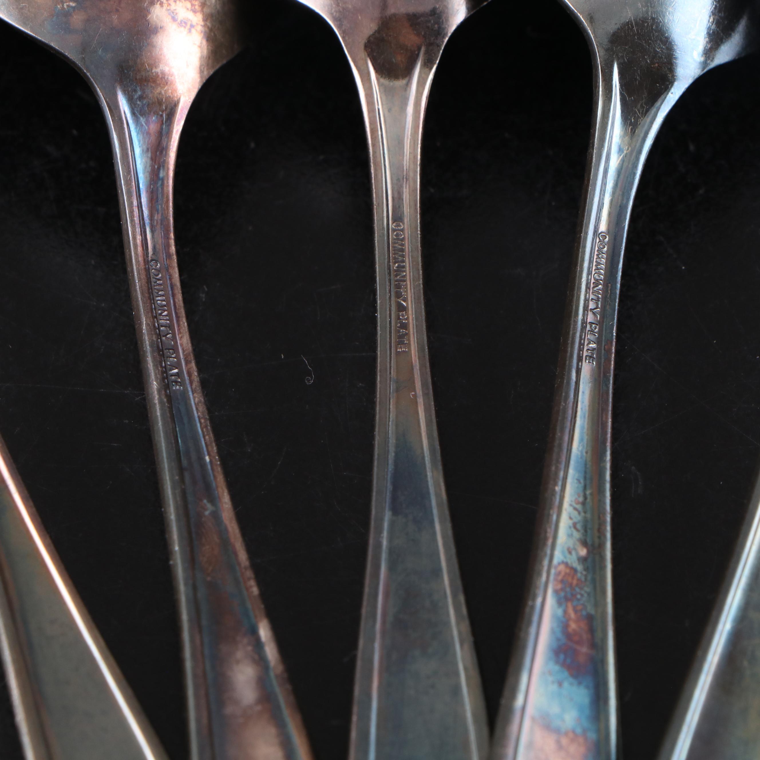 Reed & Barton Enameled Silver Plate Bowl with Silver Plate Flatware