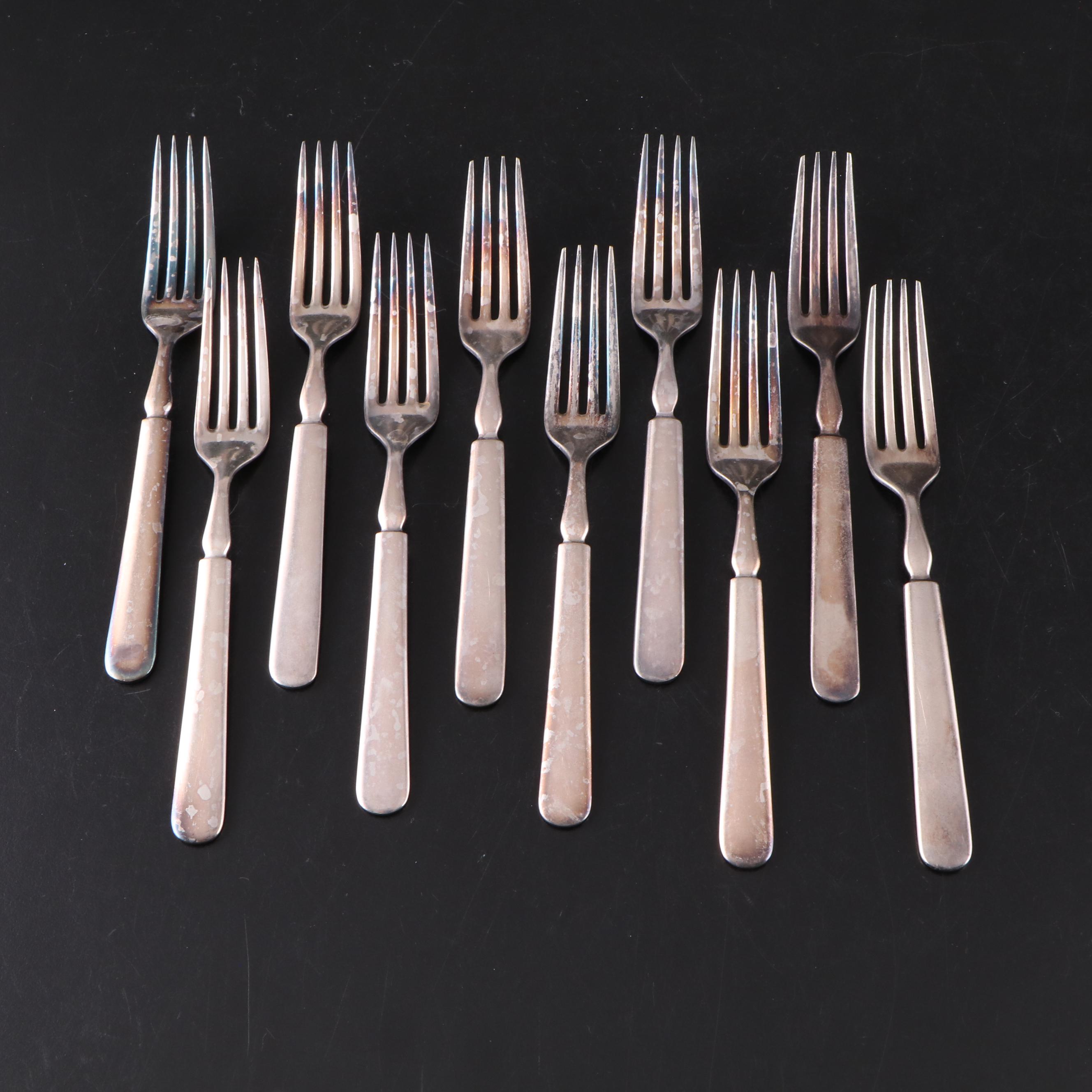 Reed & Barton Enameled Silver Plate Bowl with Silver Plate Flatware