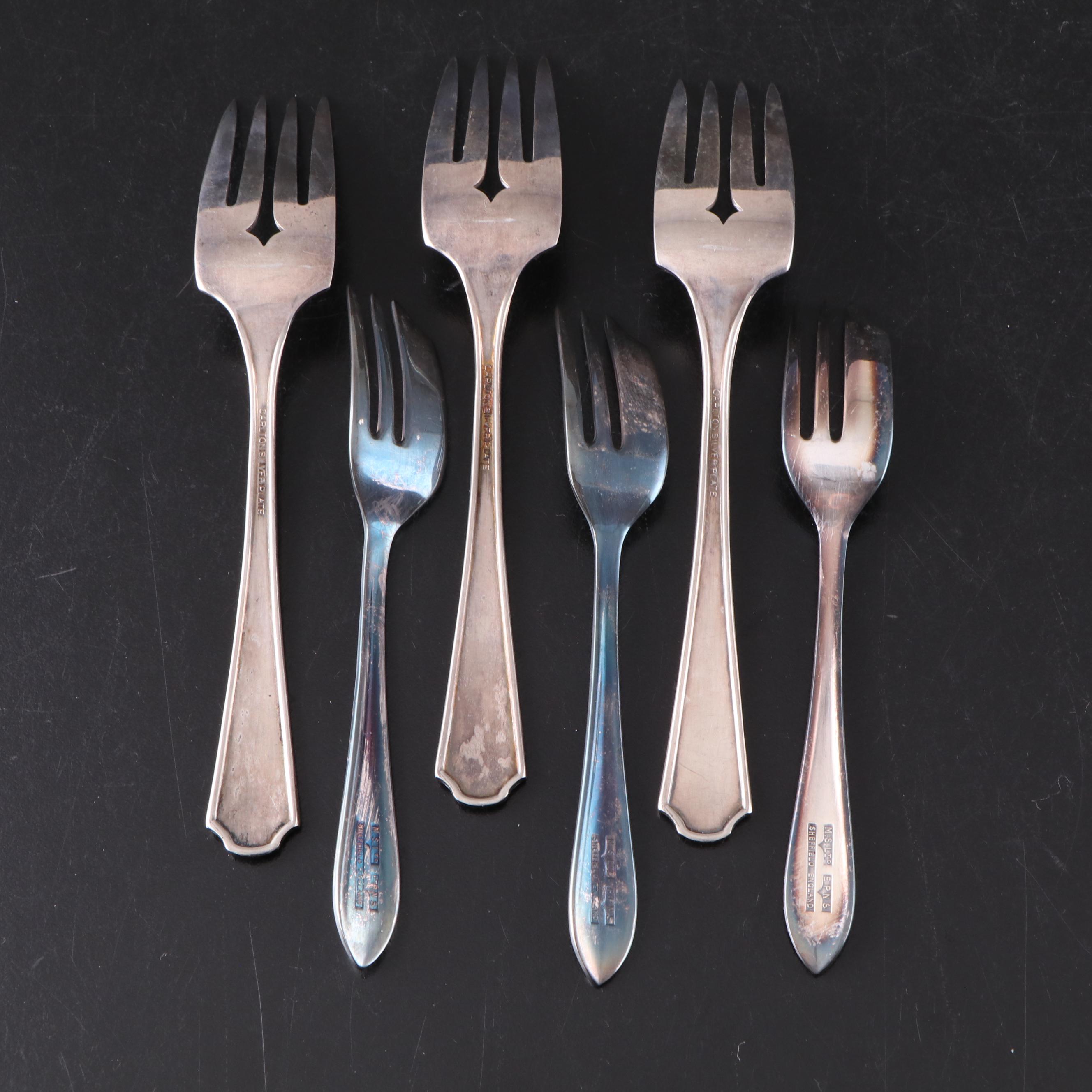 Reed & Barton Enameled Silver Plate Bowl with Silver Plate Flatware