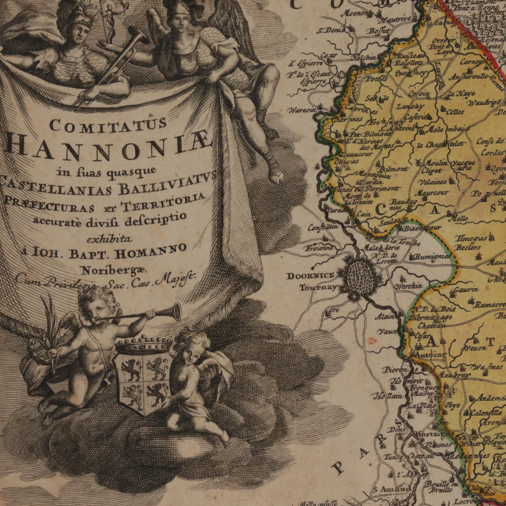 Johann Baptiste Homann Hand-Colored Engraved Map "Hannoniae", 18th Century