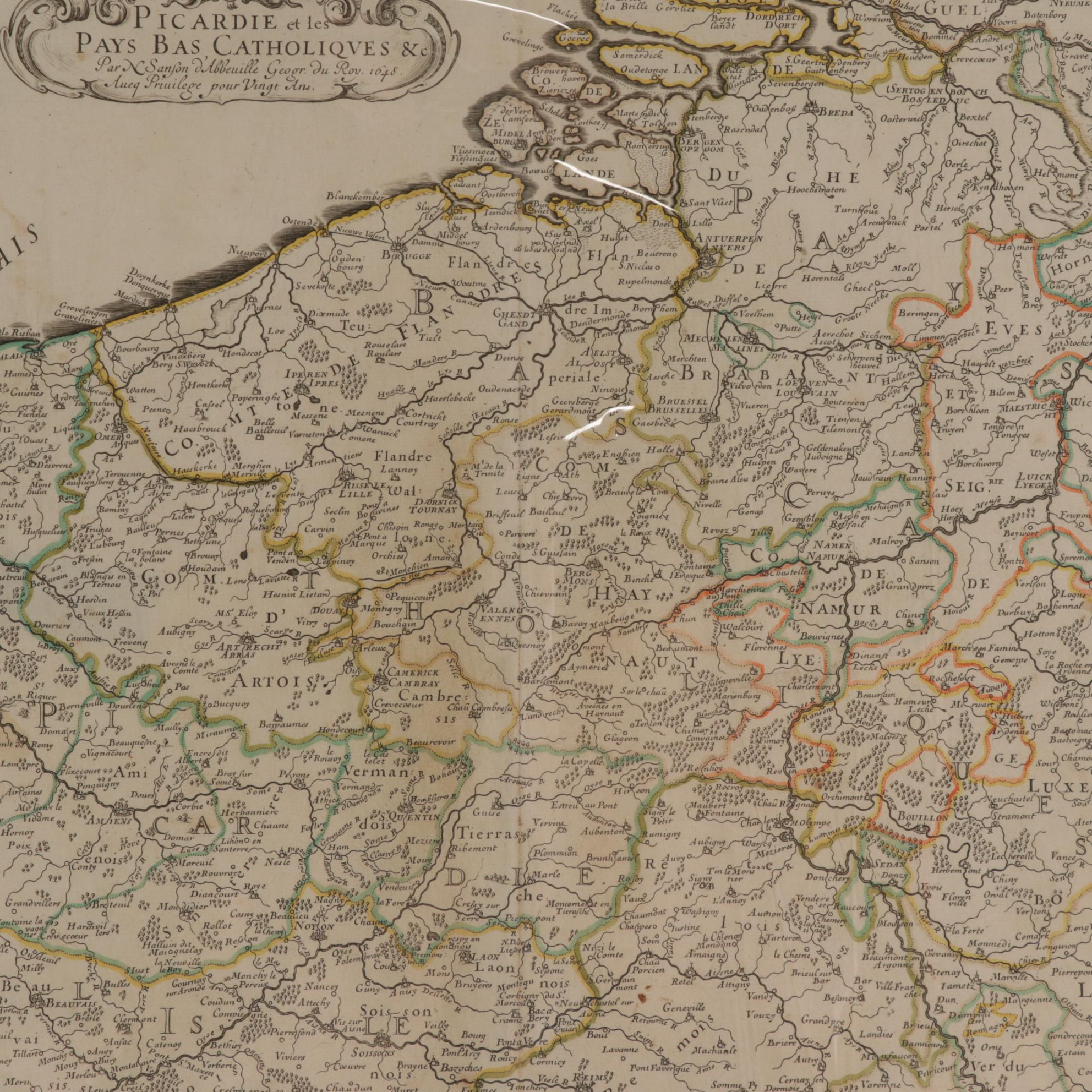 Nicolas Sanson Engraved Map of Belgium and Northwestern France, Mid-17th Century