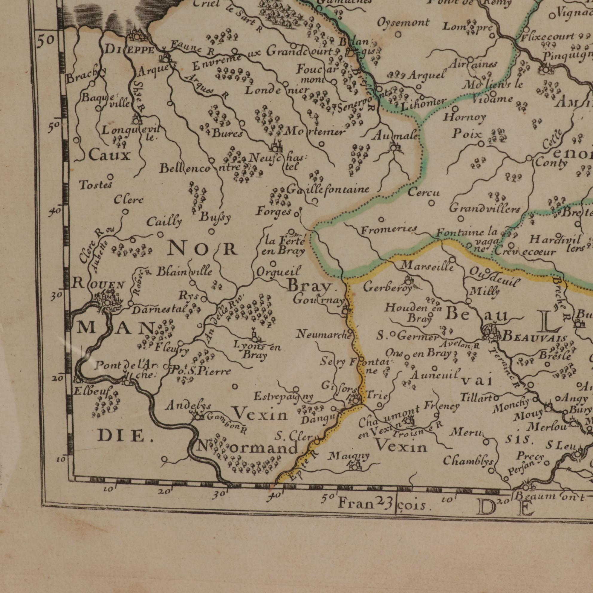 Nicolas Sanson Engraved Map of Belgium and Northwestern France, Mid-17th Century