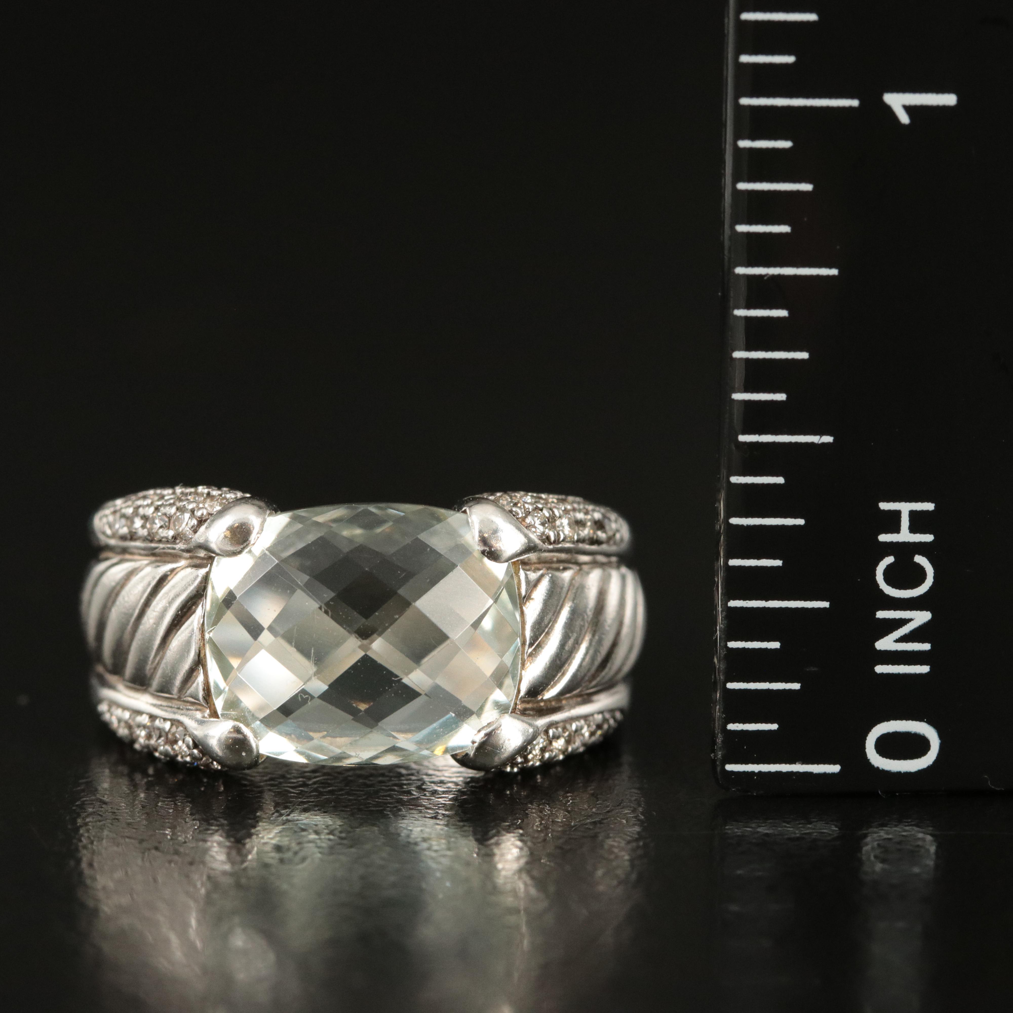 David Yurman Sterling Prasiolite and 0.36 CTW Diamond Sculpted Cable Ring