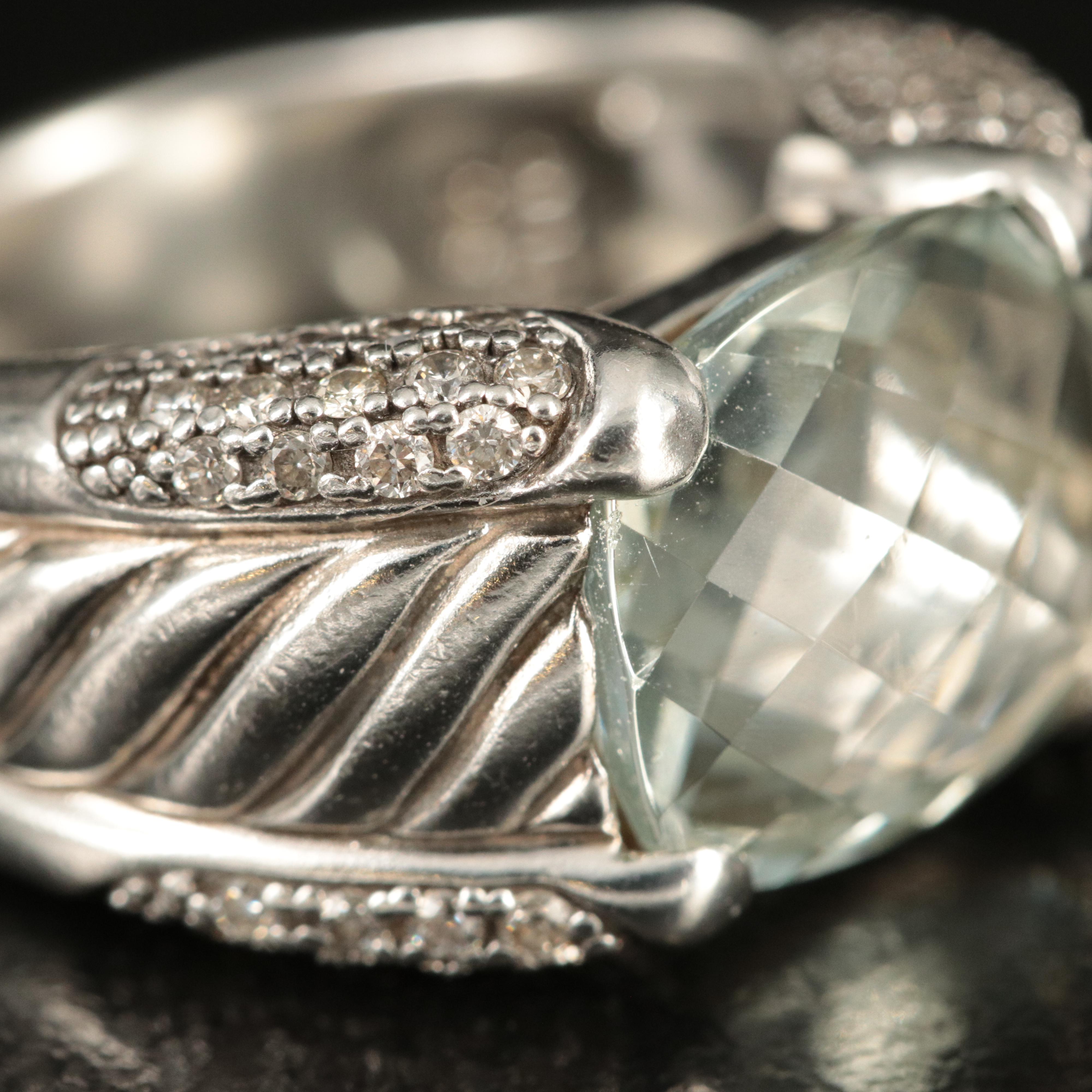 David Yurman Sterling Prasiolite and 0.36 CTW Diamond Sculpted Cable Ring