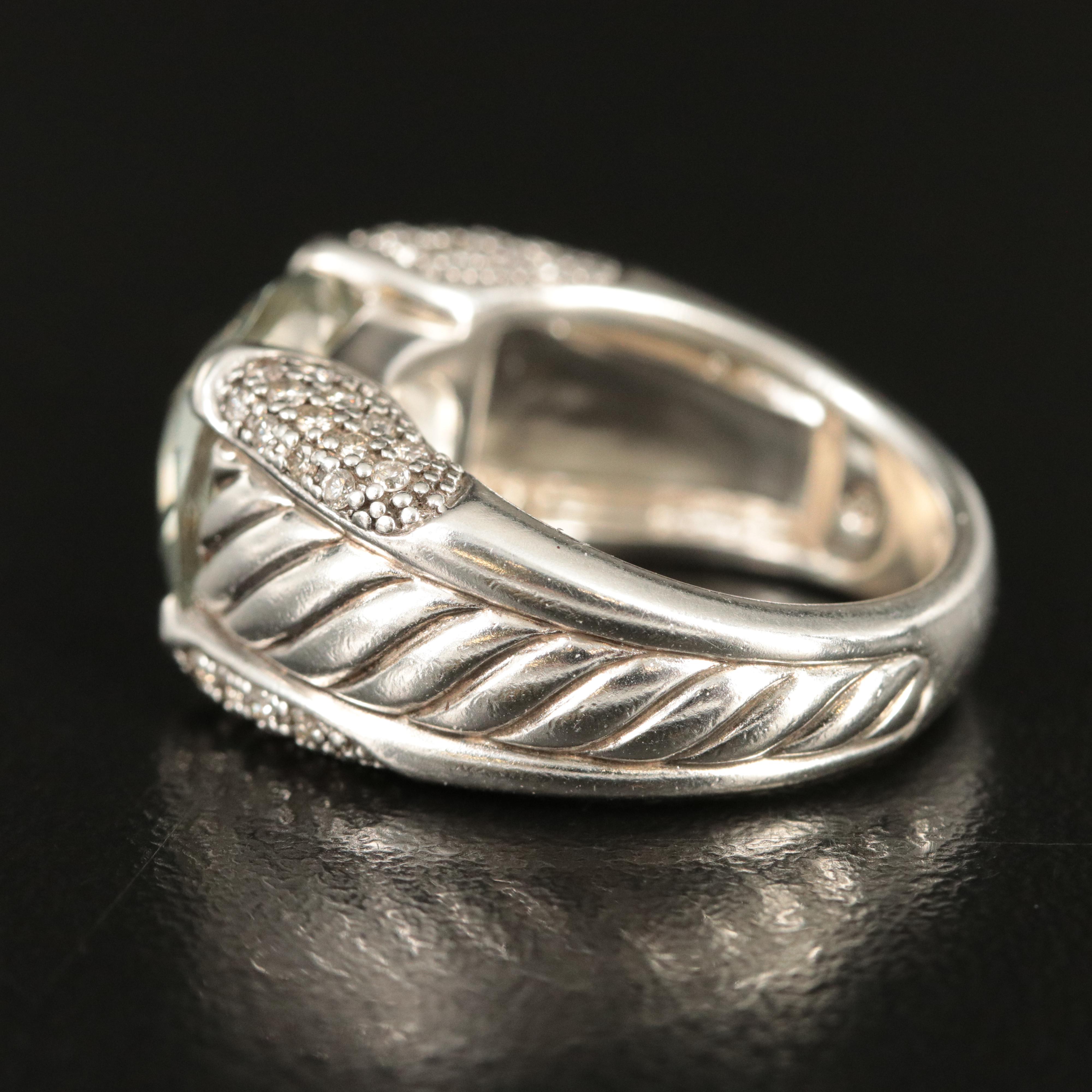 David Yurman Sterling Prasiolite and 0.36 CTW Diamond Sculpted Cable Ring