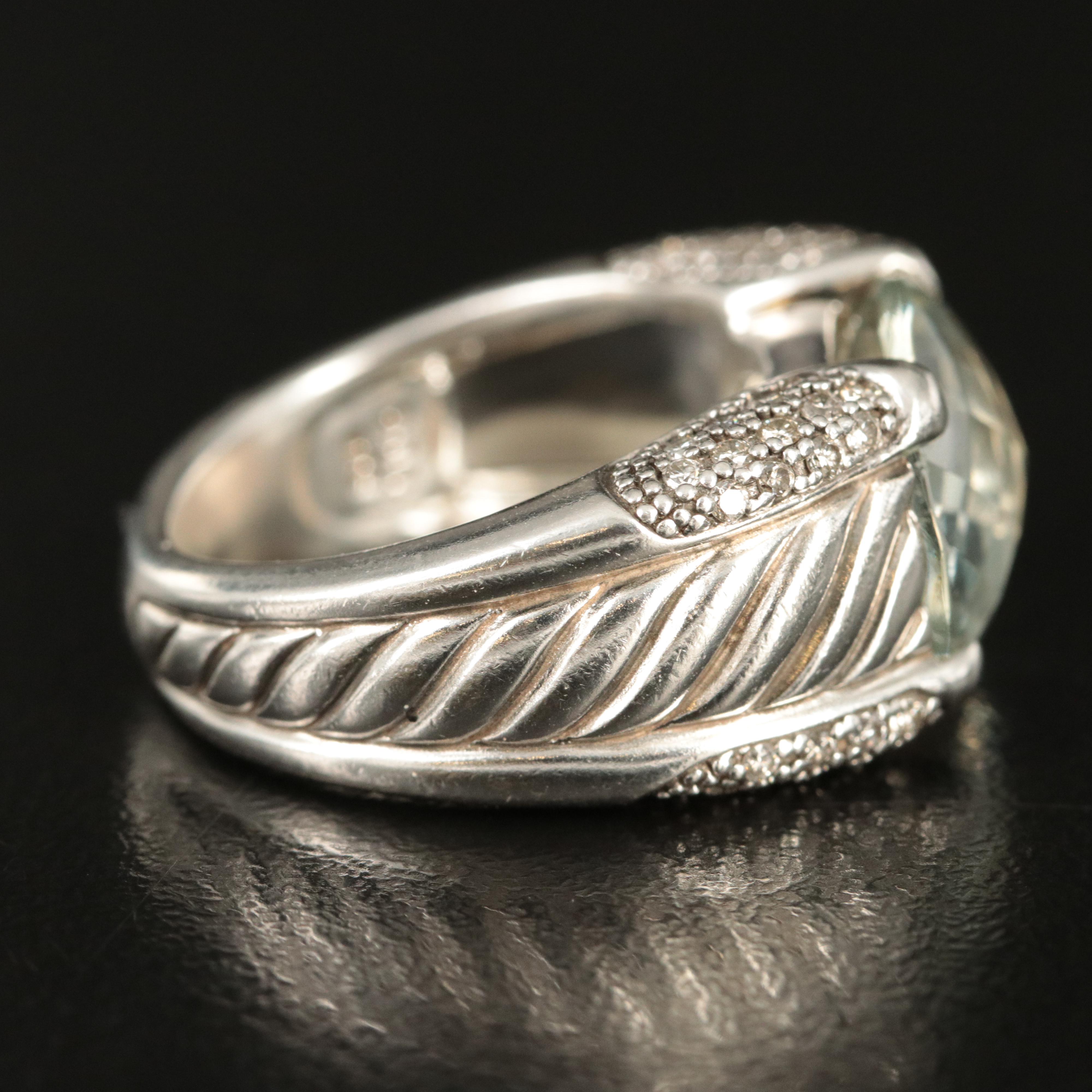David Yurman Sterling Prasiolite and 0.36 CTW Diamond Sculpted Cable Ring