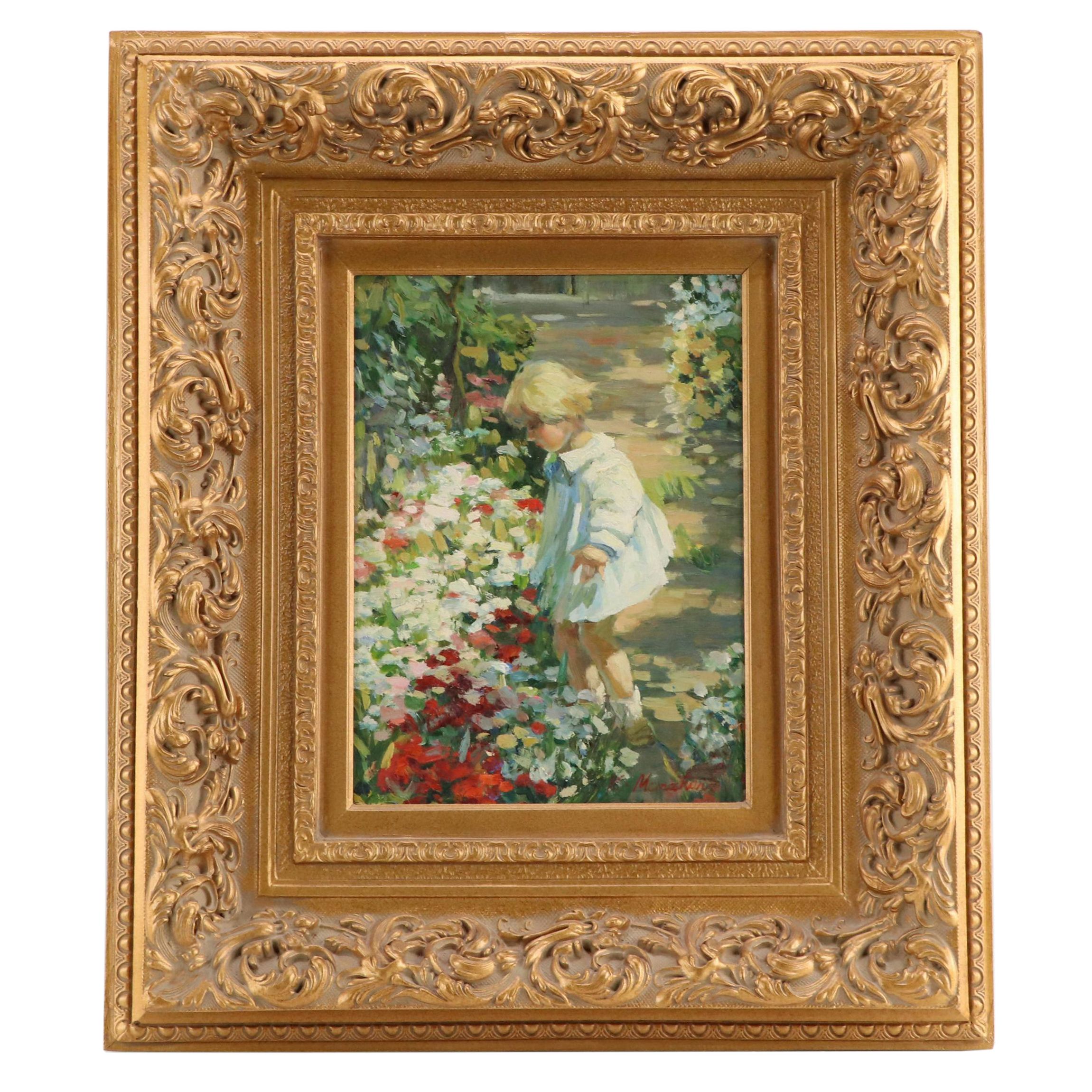 Landscape Oil Painting of Child in Garden Scene