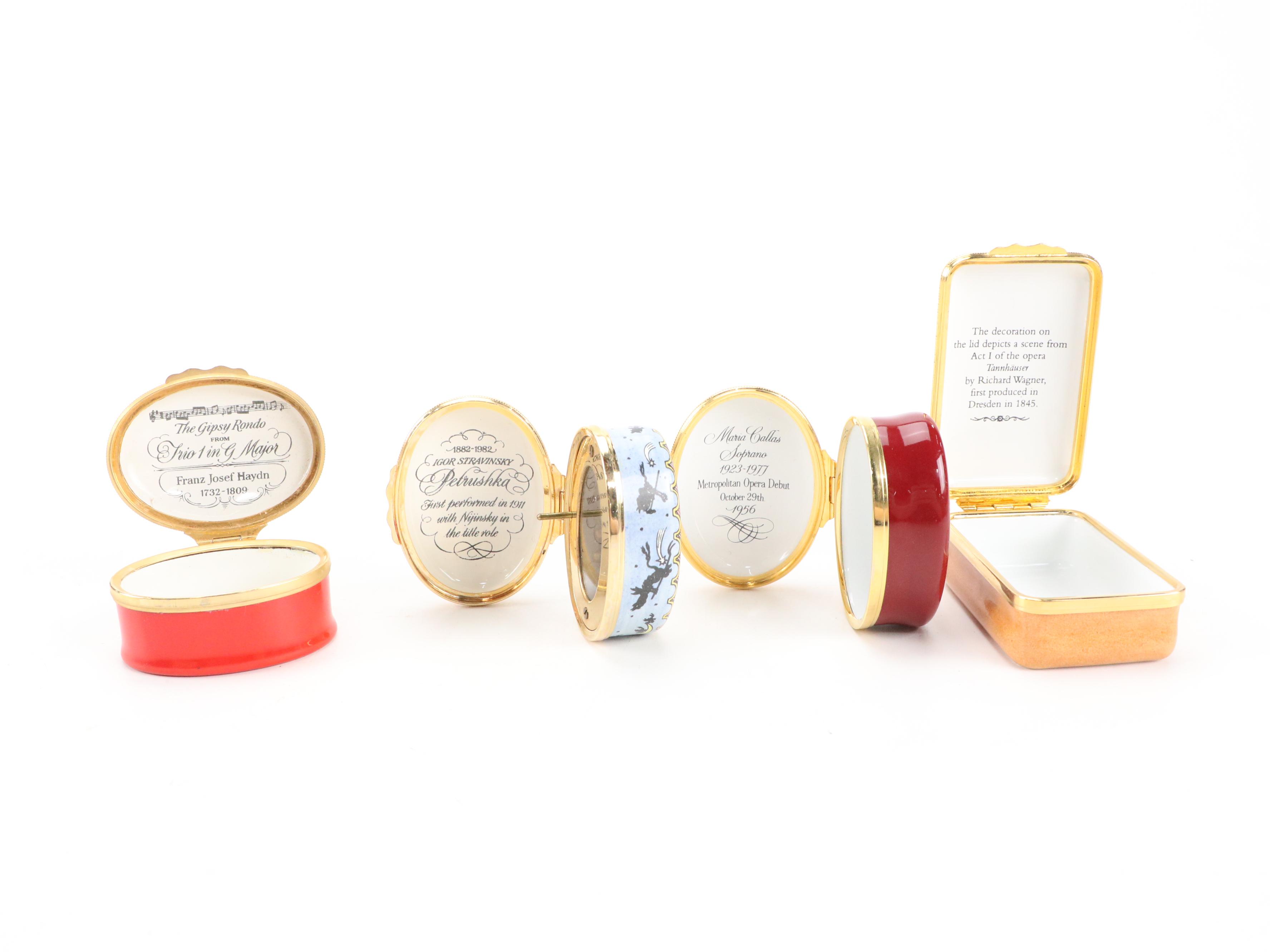 Halcyon Days Enamel Boxes Including Music Box and More