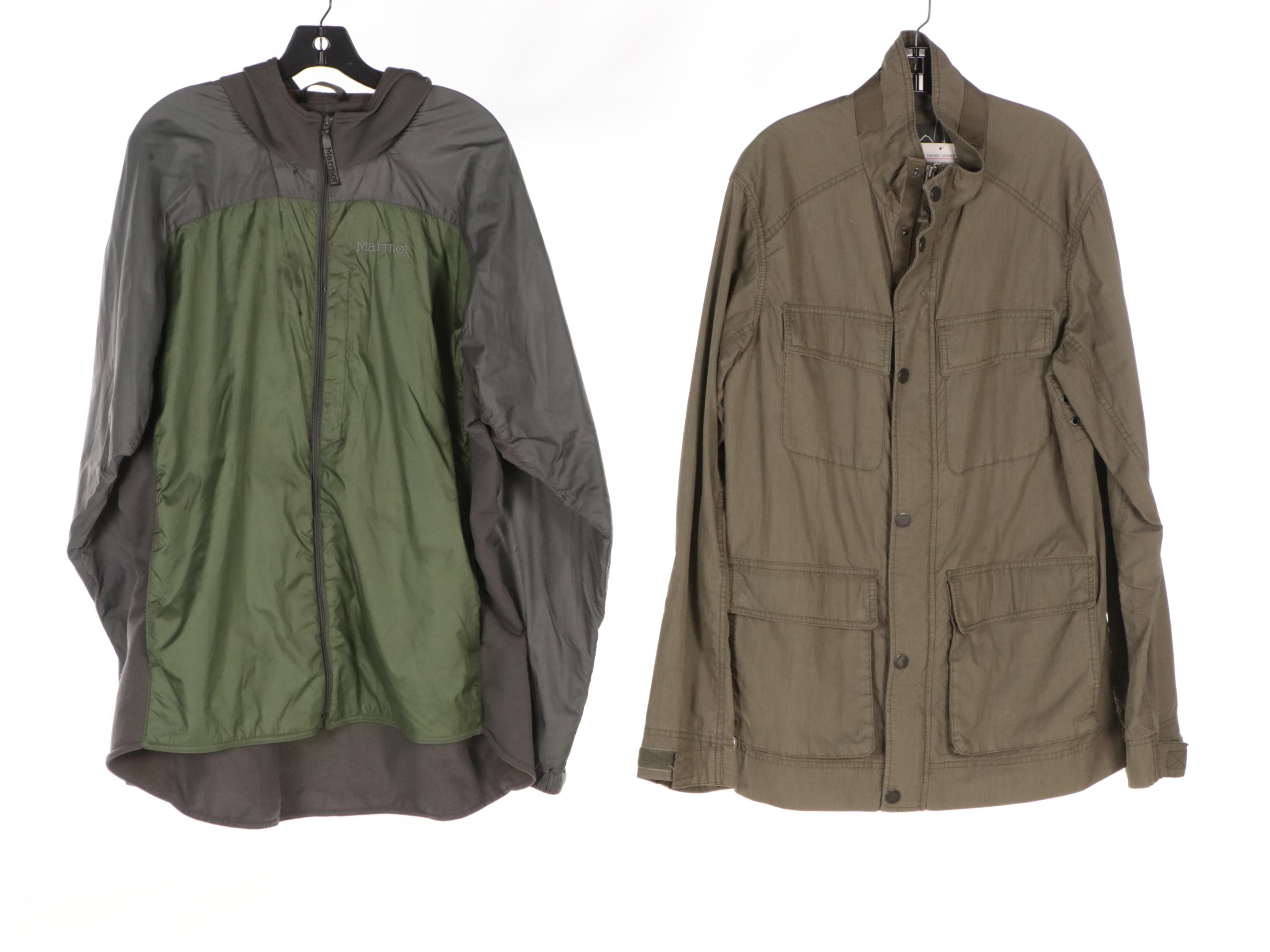 Men's Orvis Barn Coat, Eddie Bauer Travex Jacket, and Marmot Hooded Zip Jackets