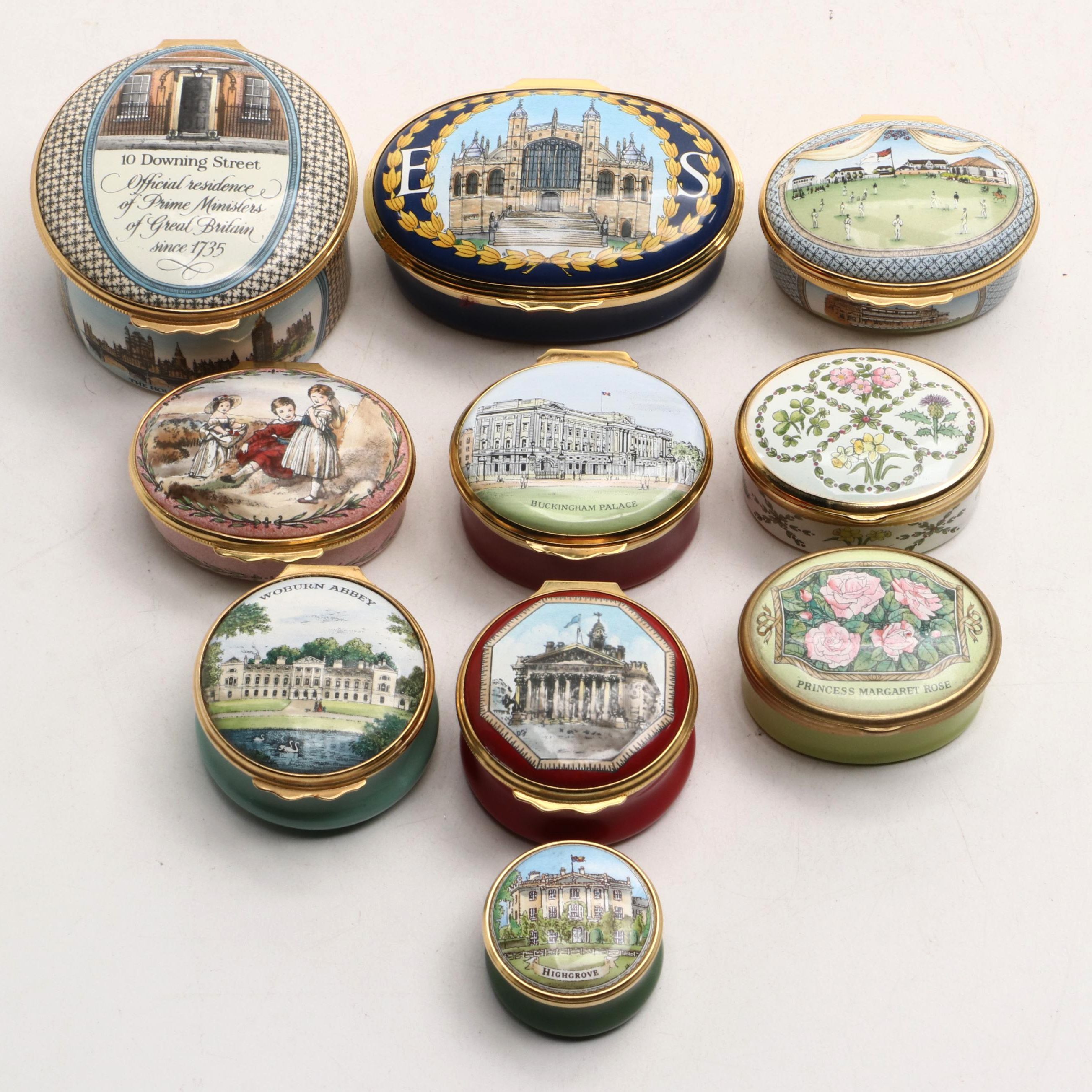 Halcyon Days and Crummles Enamel Boxes Featuring Florals, Landmarks, and Scenes