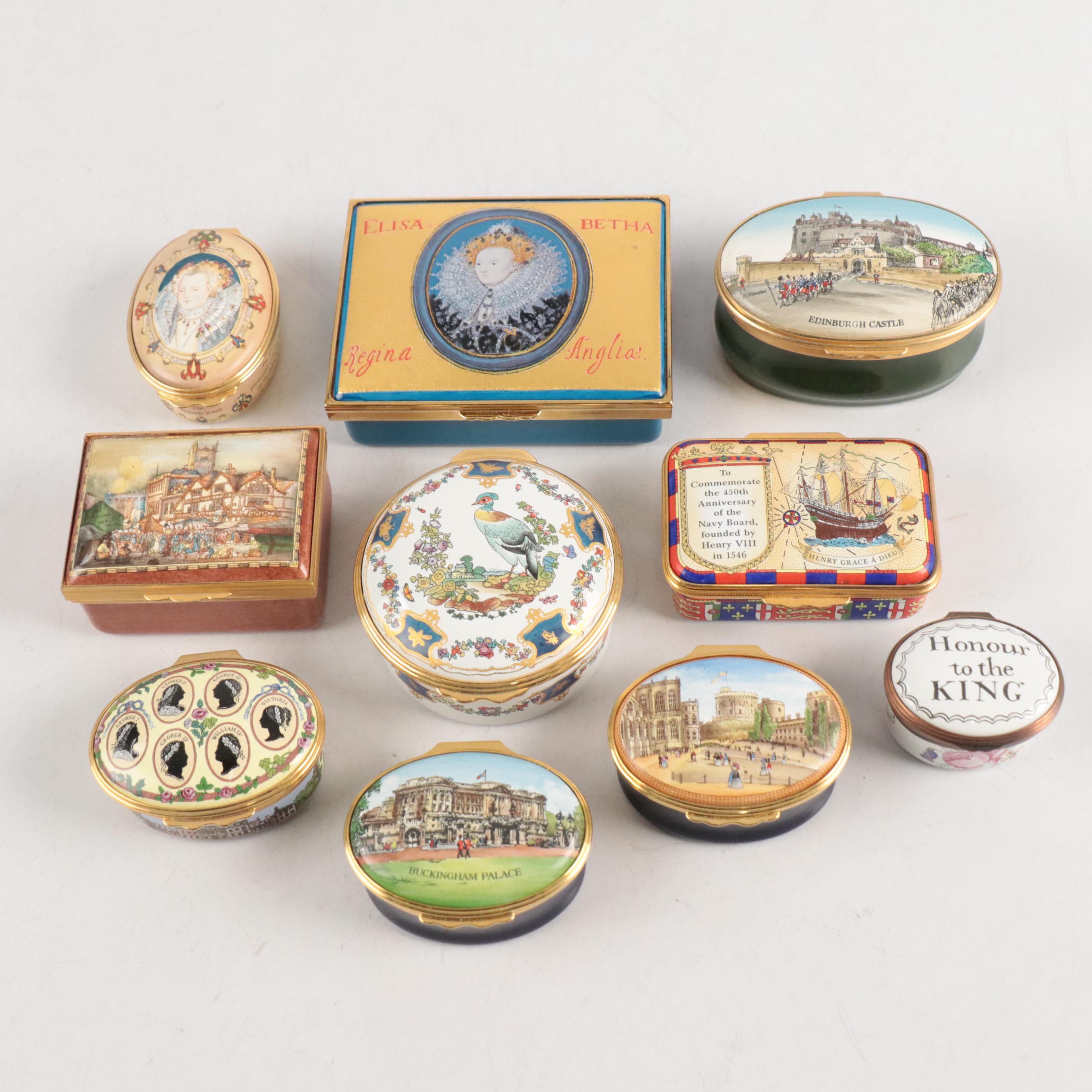 Halcyon Days Enamel Boxes Featuring Monarchs and English Themes