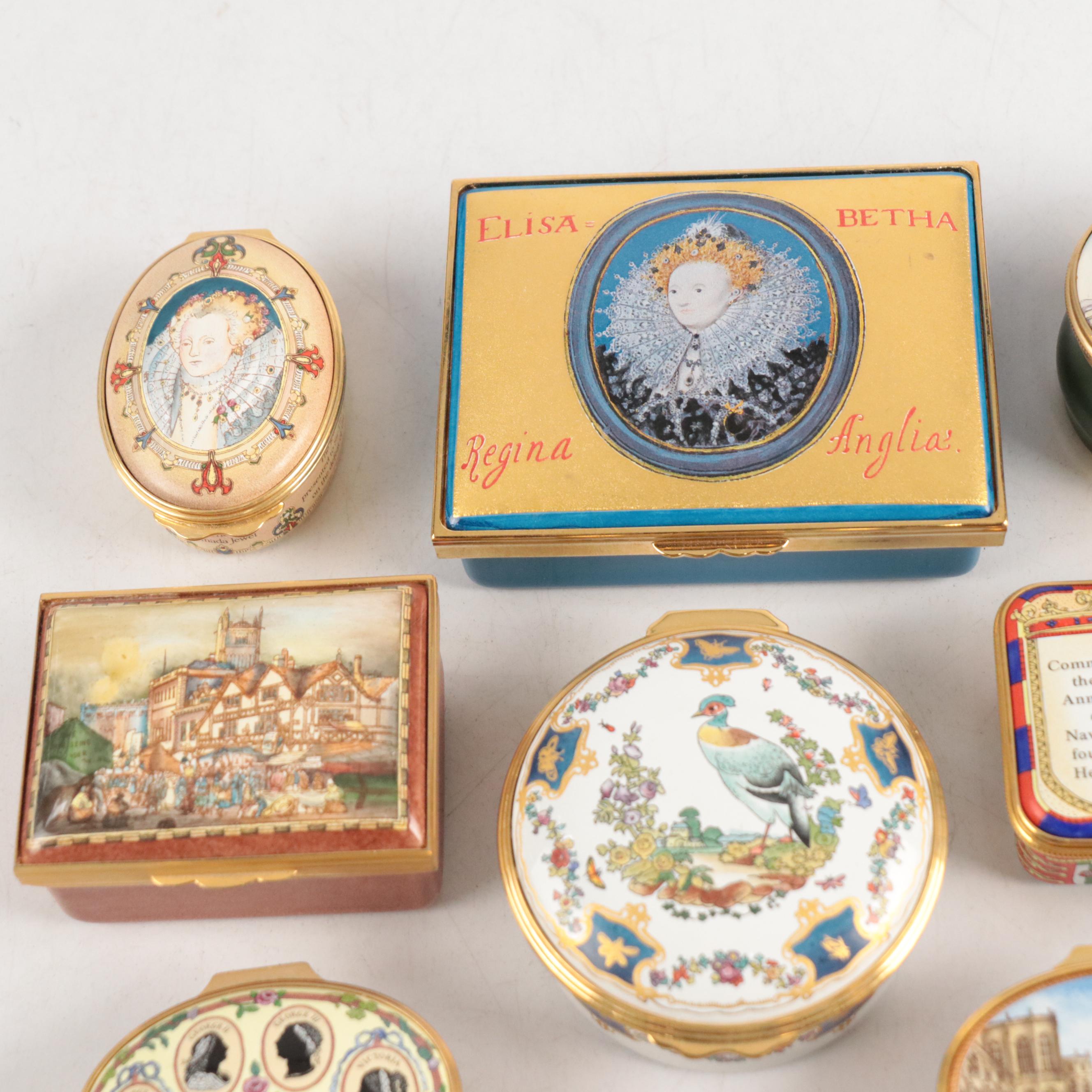 Halcyon Days Enamel Boxes Featuring Monarchs and English Themes