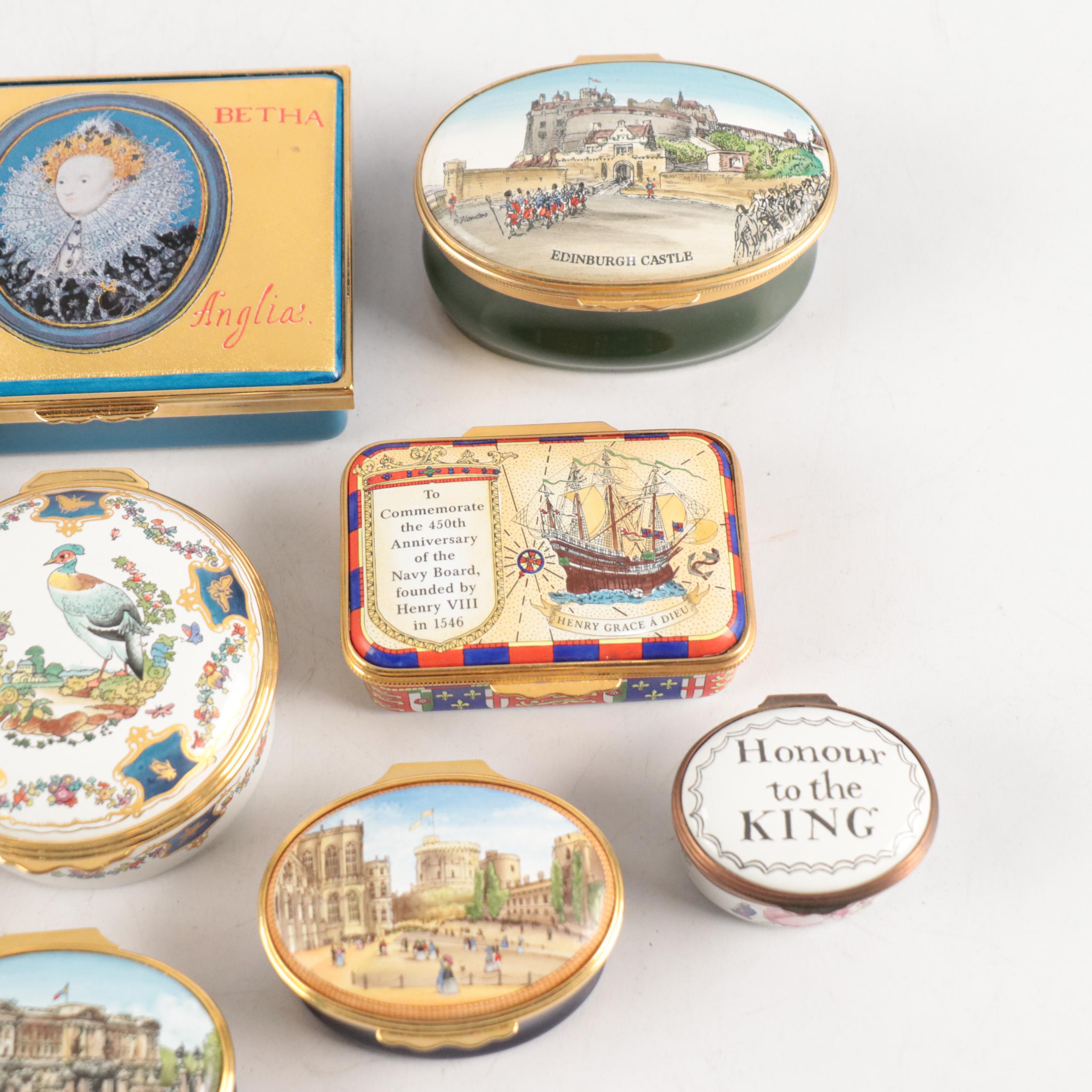 Halcyon Days Enamel Boxes Featuring Monarchs and English Themes