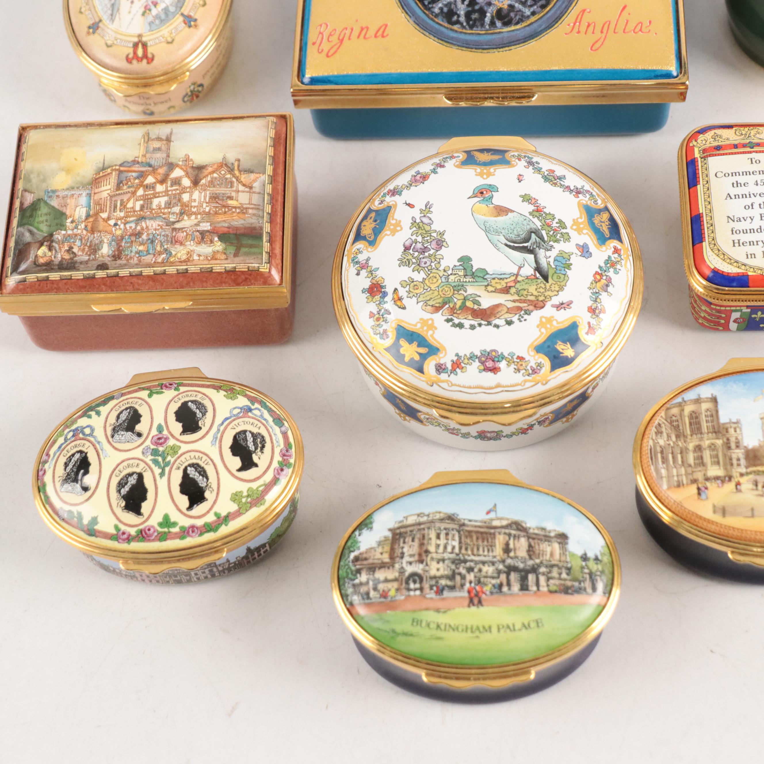 Halcyon Days Enamel Boxes Featuring Monarchs and English Themes