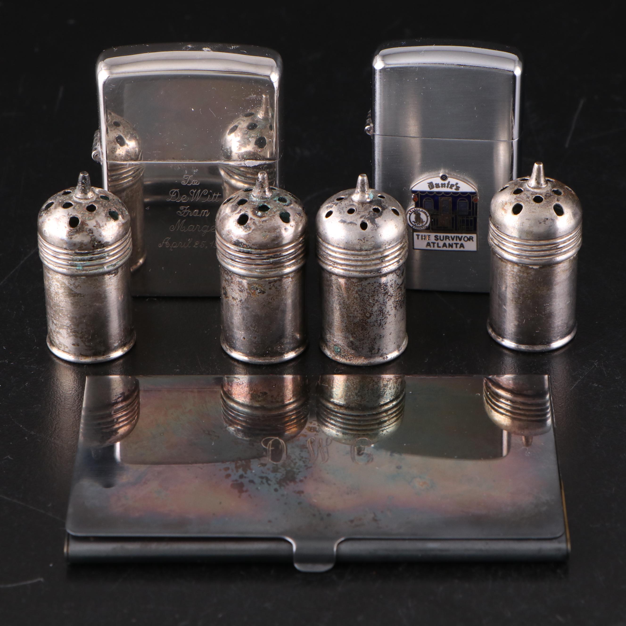Zippo Sterling Silver Lighter with Silver Plate Shakers and Other Pocket Items