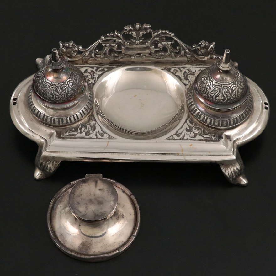 Ornate Double Inkwell Stand with Birmingham English Sterling Silver Inkwell