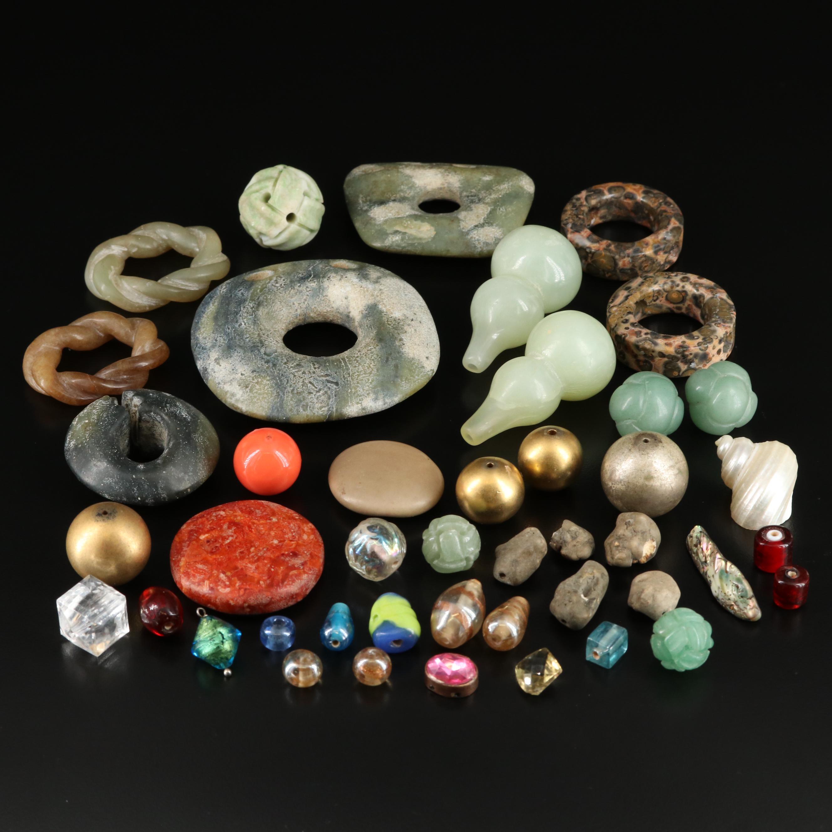 Loose Beads and Gemstones Including Jasper, Serpentine and Abalone