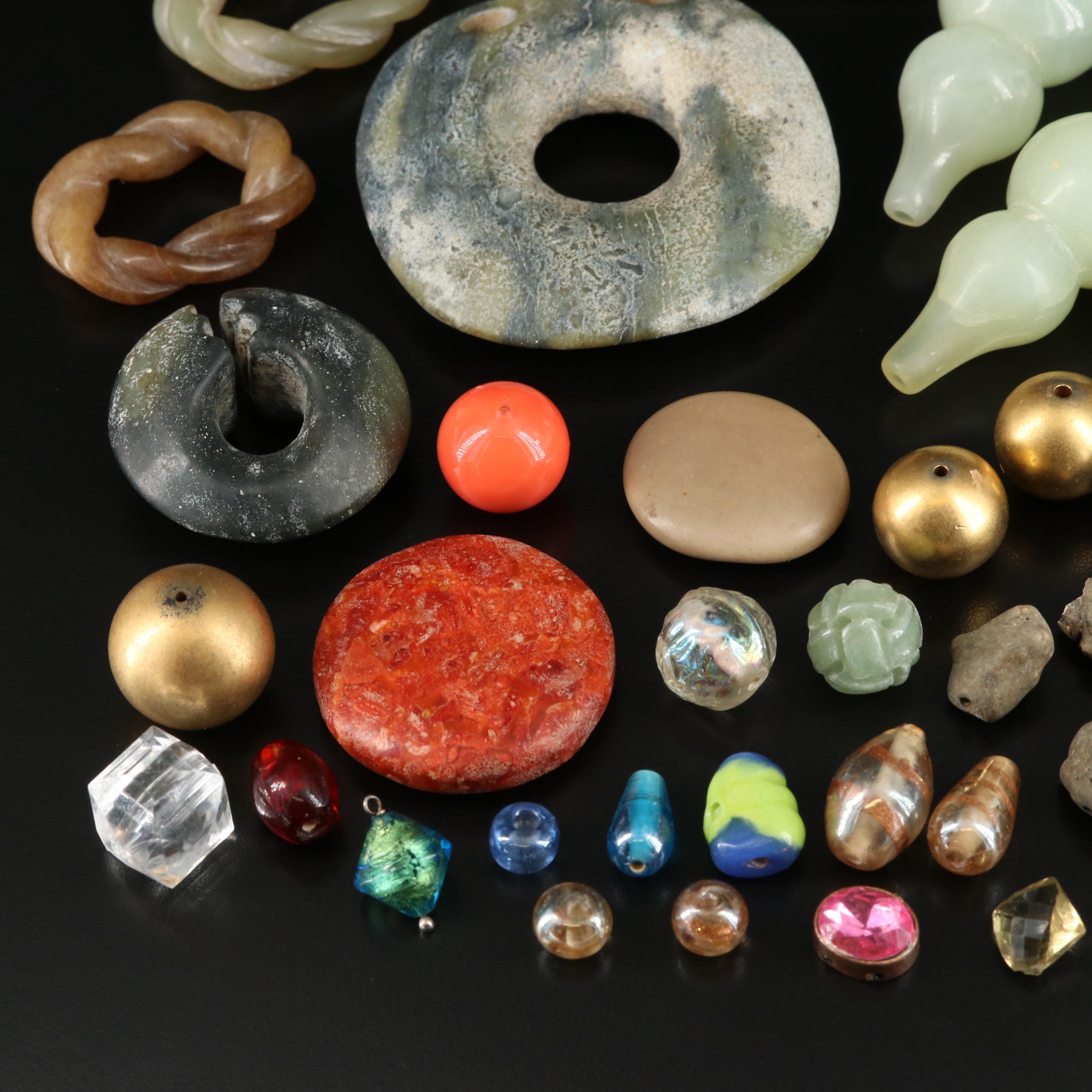 Loose Beads and Gemstones Including Jasper, Serpentine and Abalone