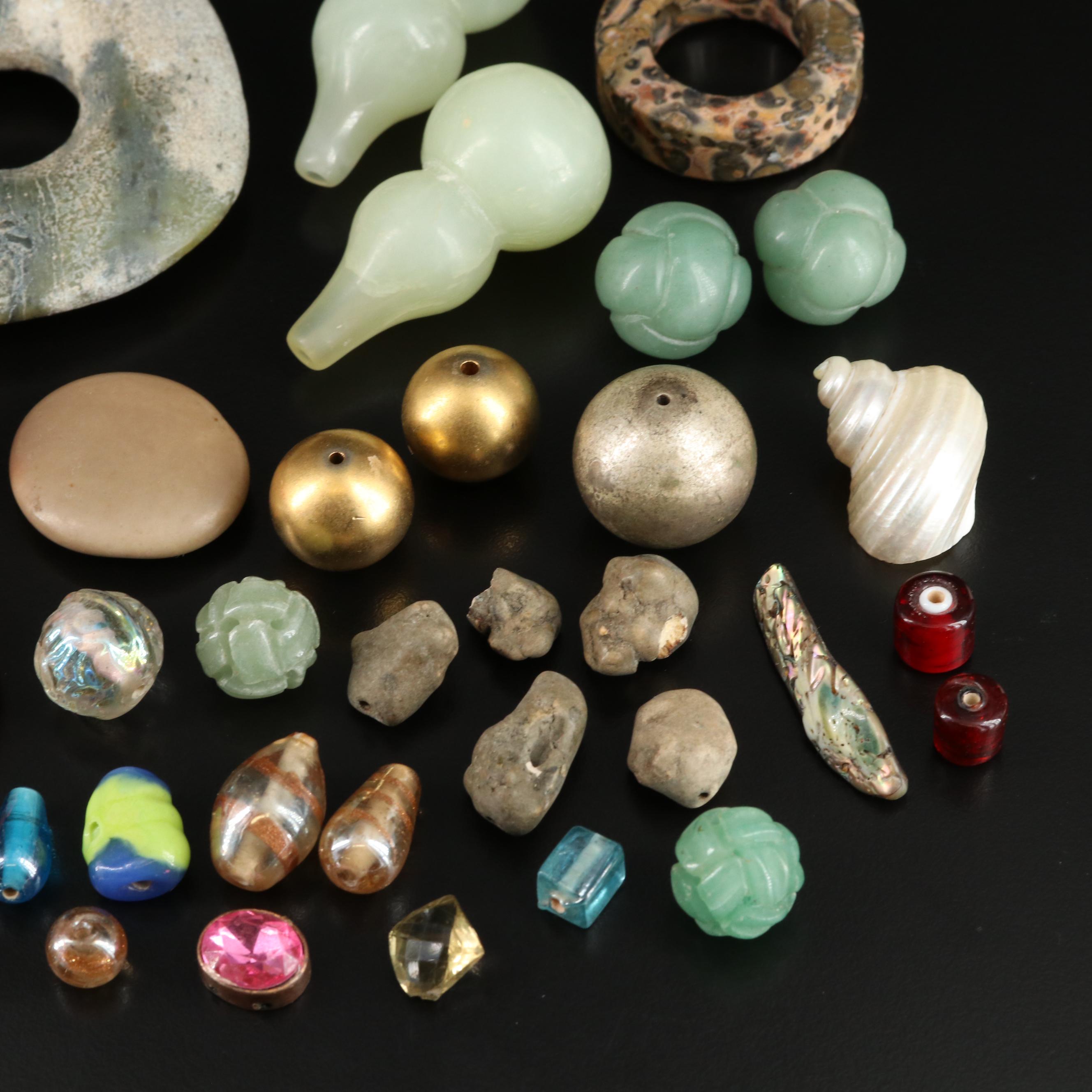 Loose Beads and Gemstones Including Jasper, Serpentine and Abalone