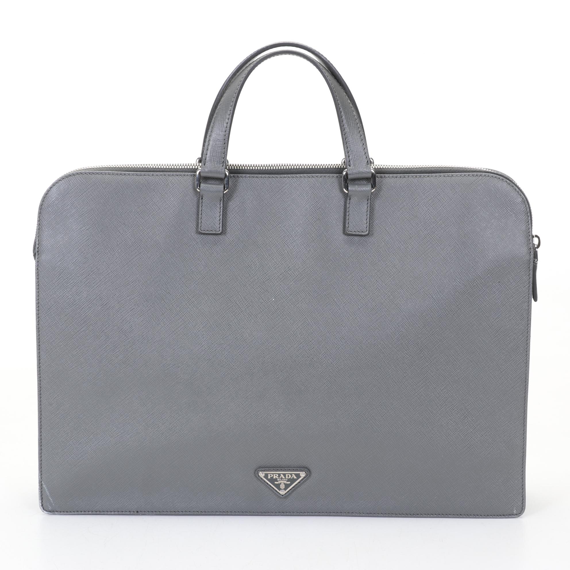 Prada Grey Saffiano Leather Travel Briefcase With Dust Cover and Box
