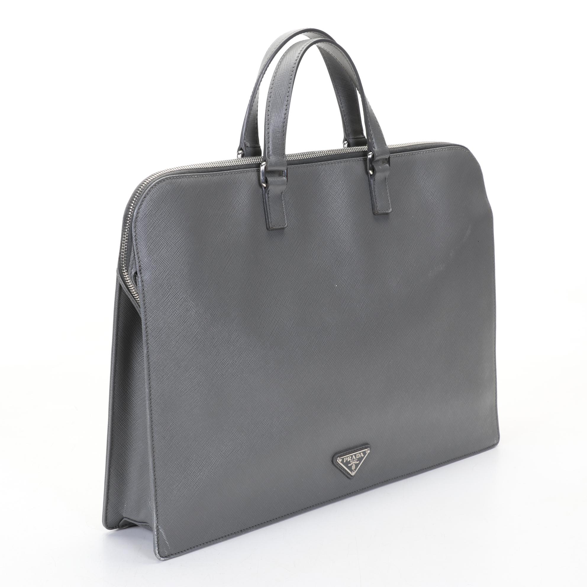 Prada Grey Saffiano Leather Travel Briefcase With Dust Cover and Box