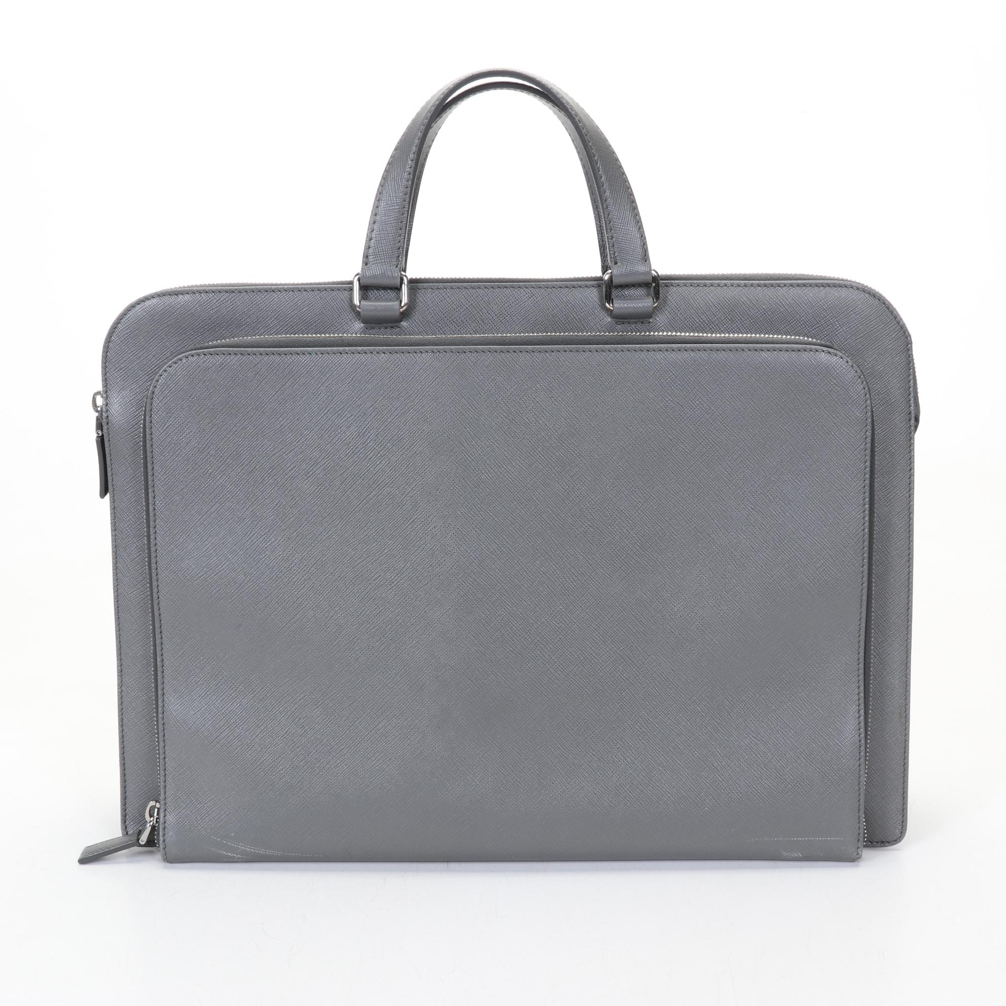 Prada Grey Saffiano Leather Travel Briefcase With Dust Cover and Box