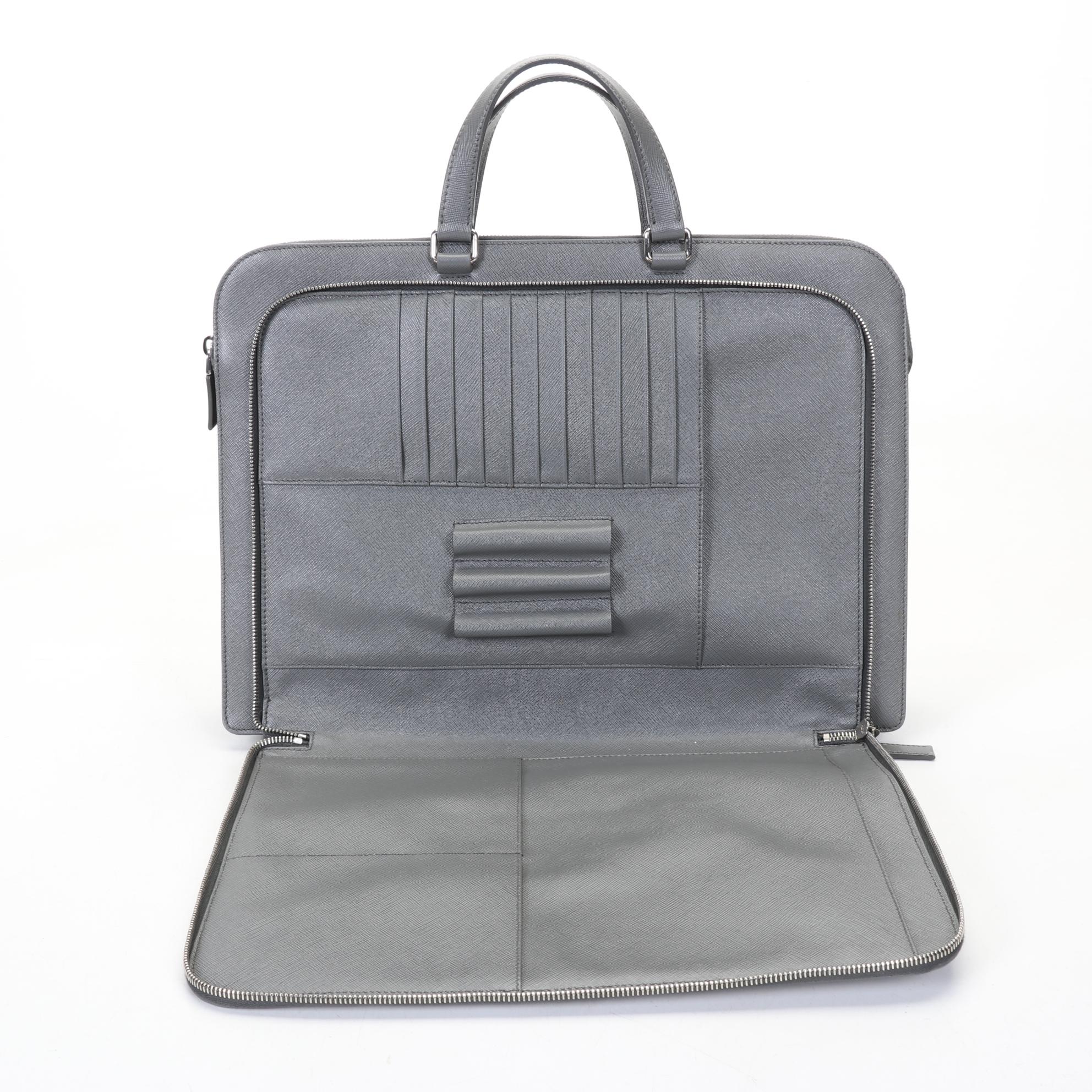 Prada Grey Saffiano Leather Travel Briefcase With Dust Cover and Box