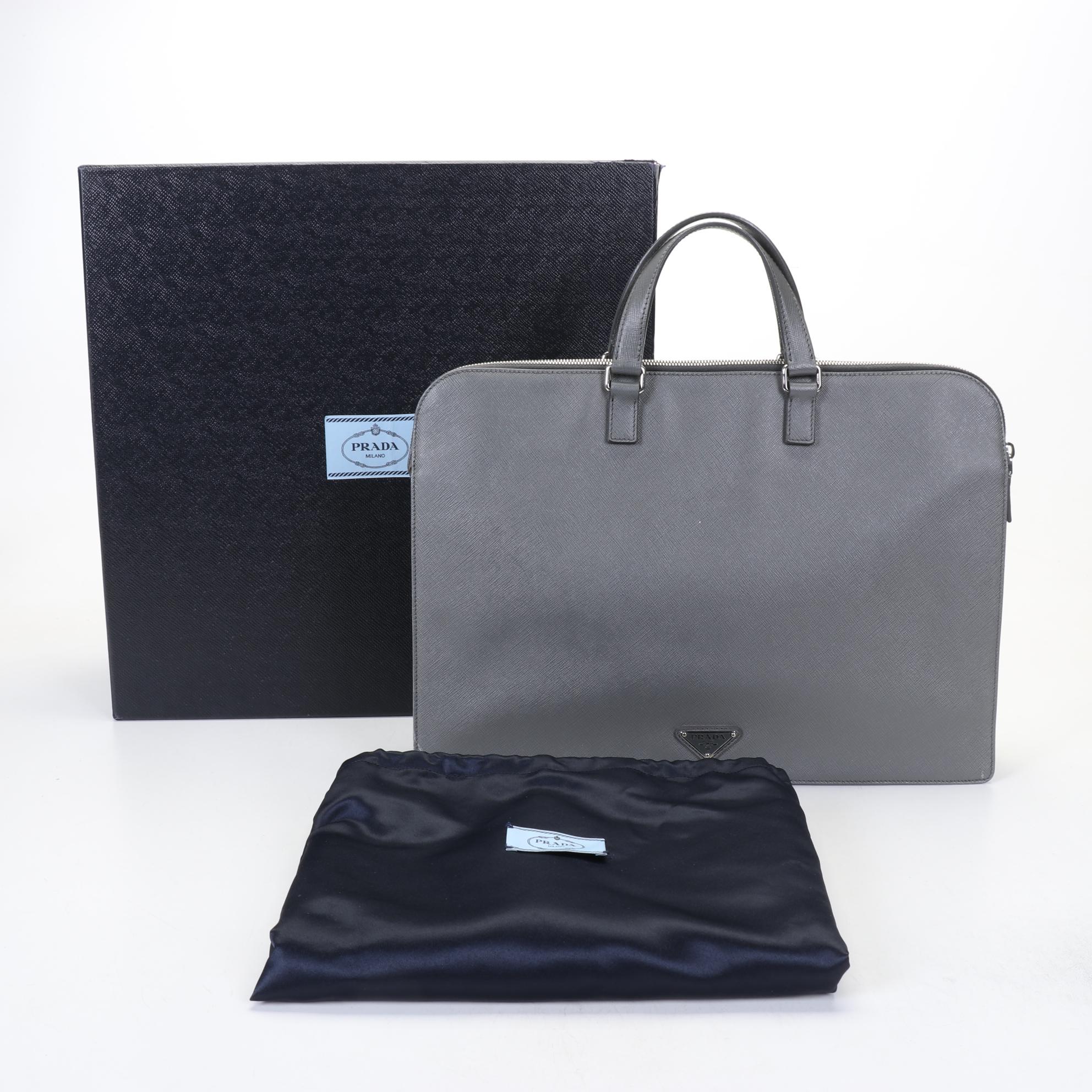 Prada Grey Saffiano Leather Travel Briefcase With Dust Cover and Box