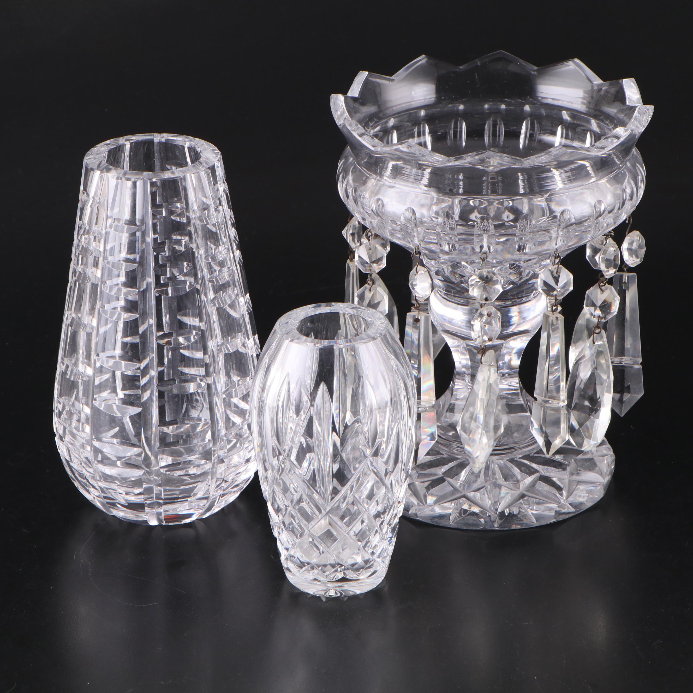 Waterford Crystal Vases and Mantle Lustre With Prisms, 21st Century