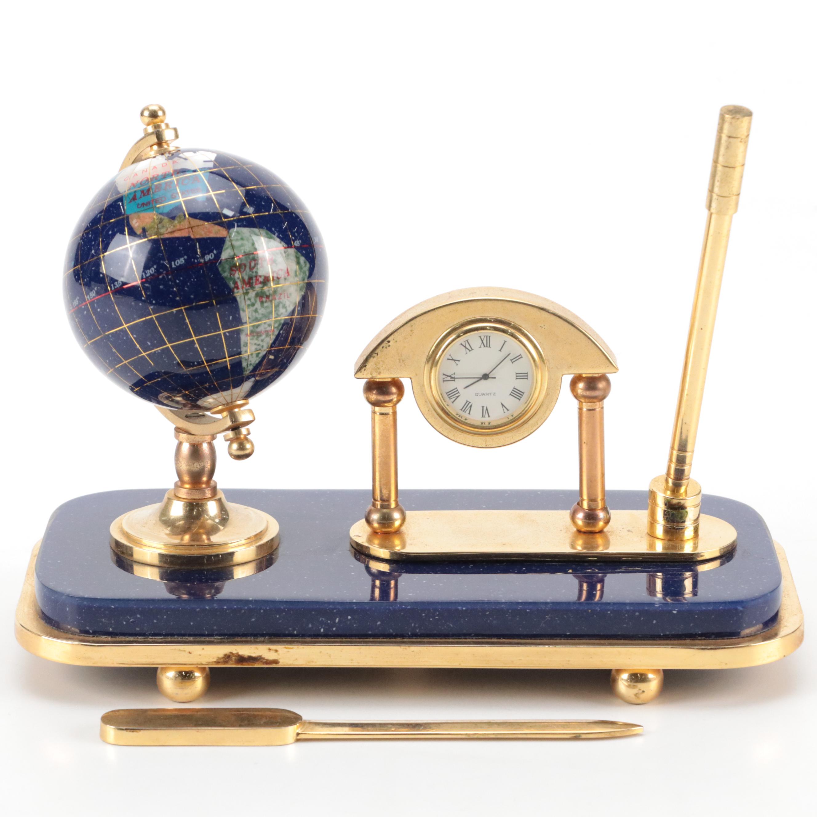 Inlaid Abalone and Gemstone Globe Desk Set with Pen, Clock, Letter