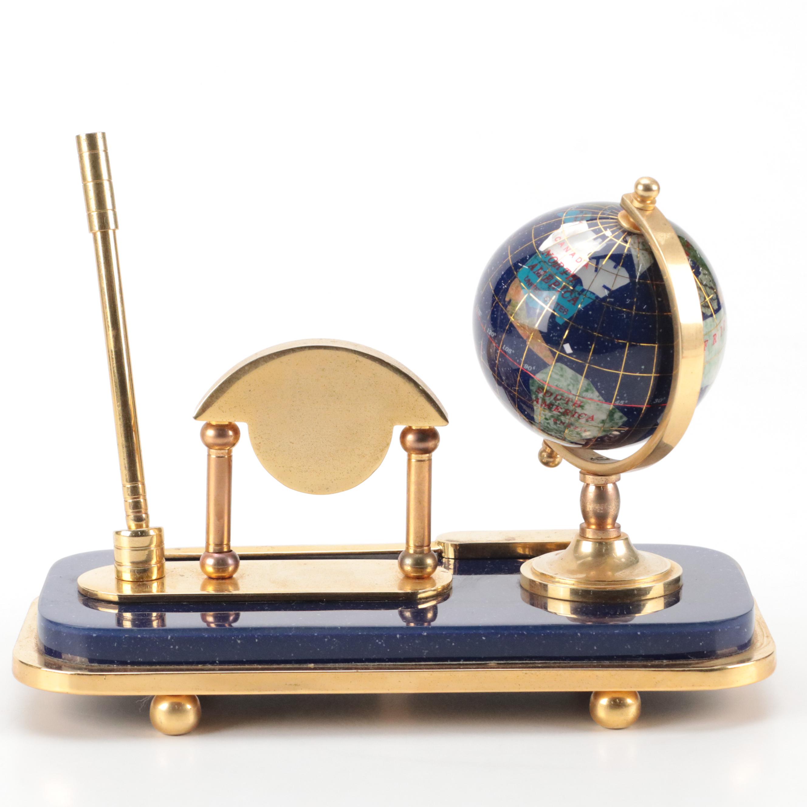 Inlaid Abalone and Gemstone Globe Desk Set with Pen, Clock, Letter