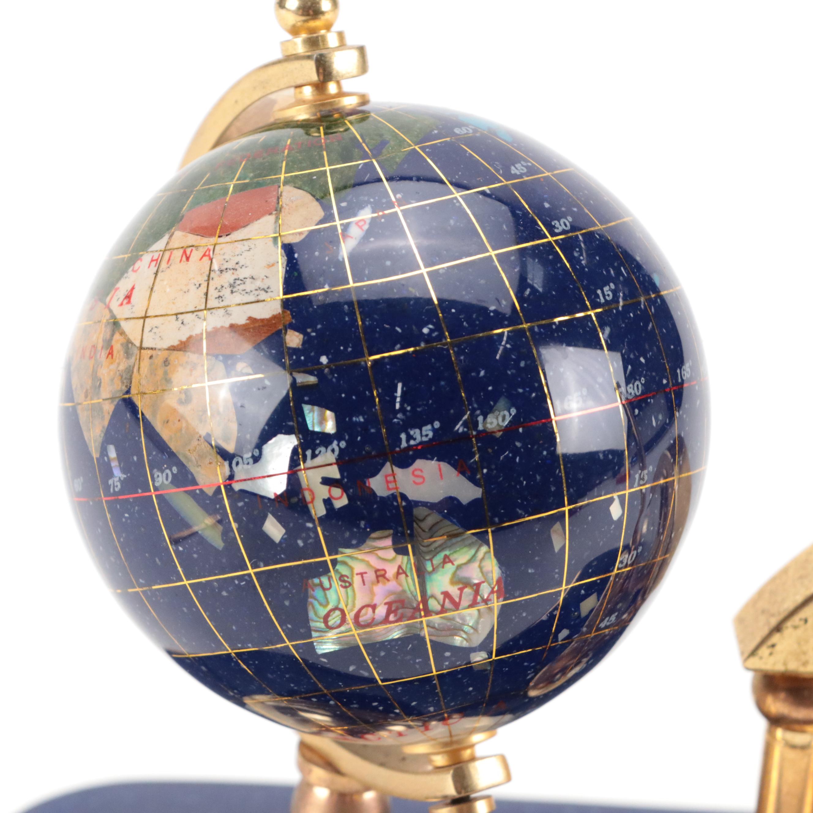 Inlaid Abalone and Gemstone Globe Desk Set with Pen, Clock, Letter