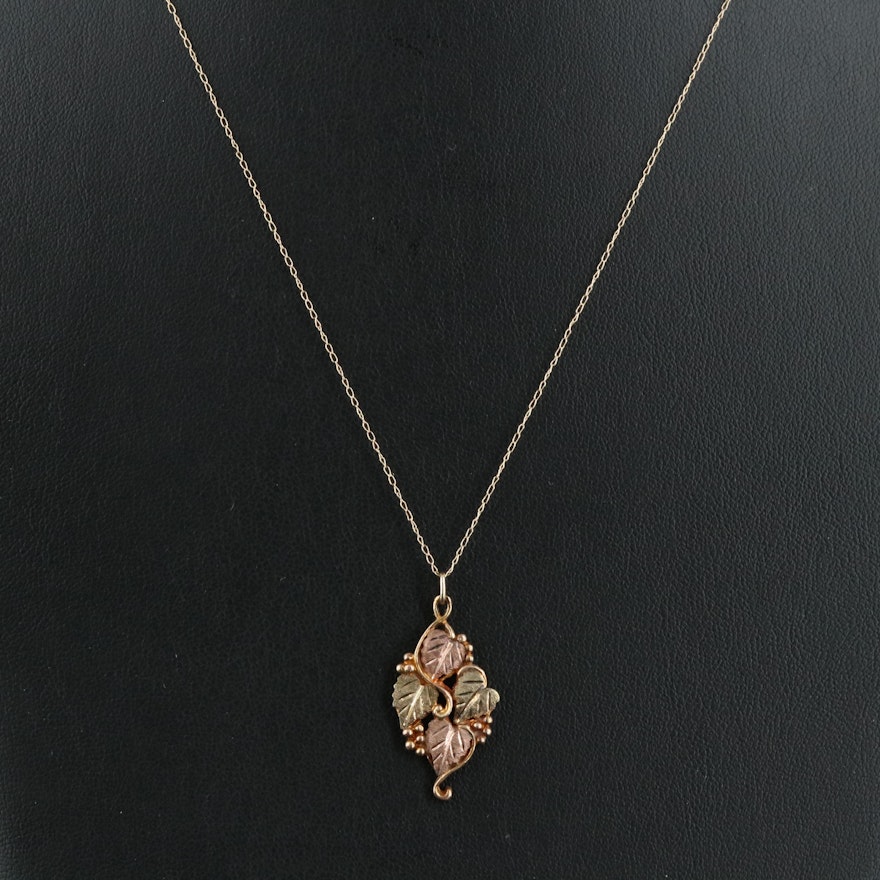 10K Rose, Yellow and Green Gold Foliate Pendant on a 14K Chain