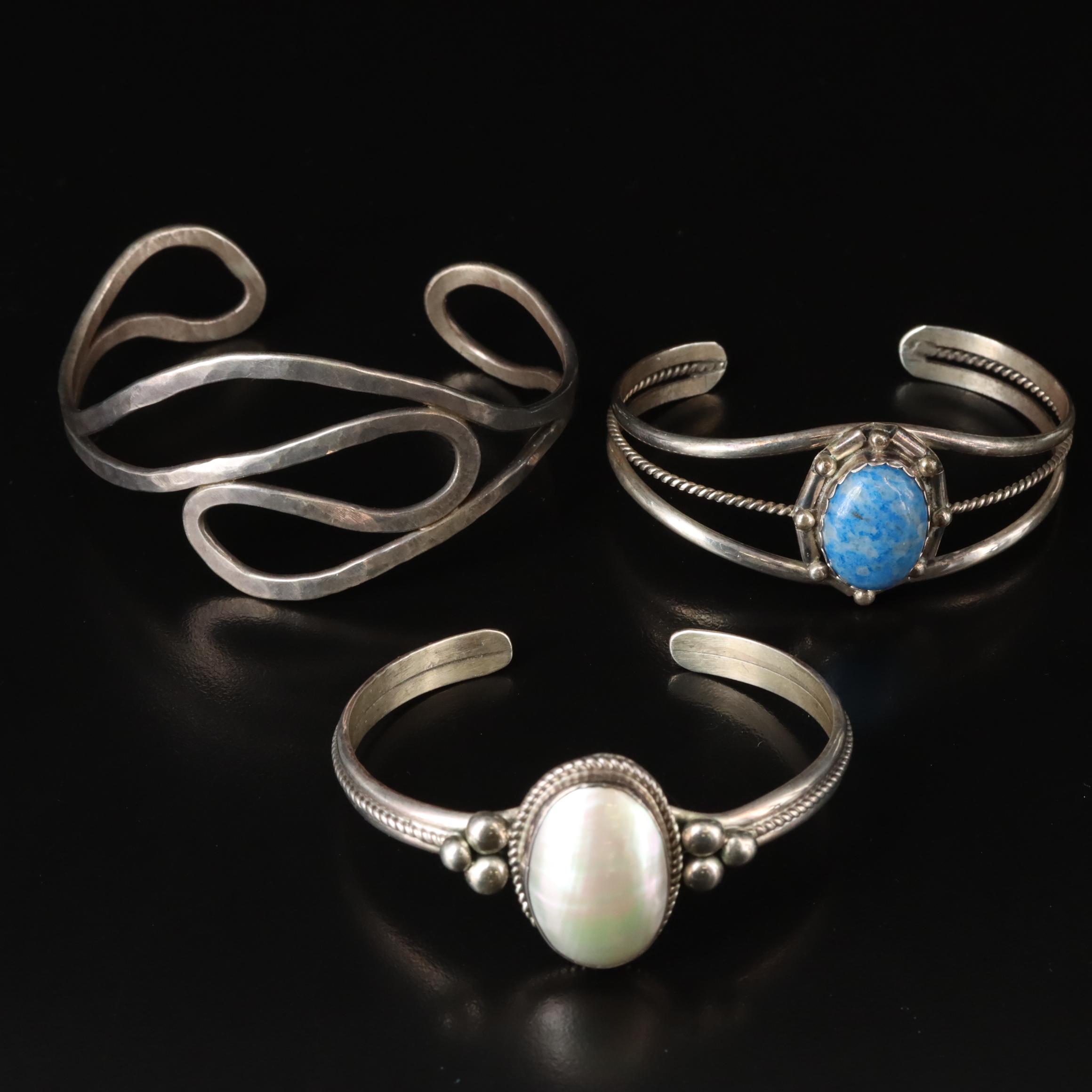 Sterling, Lapis Lazuli, Mabe Pearl Cuff Bracelets
