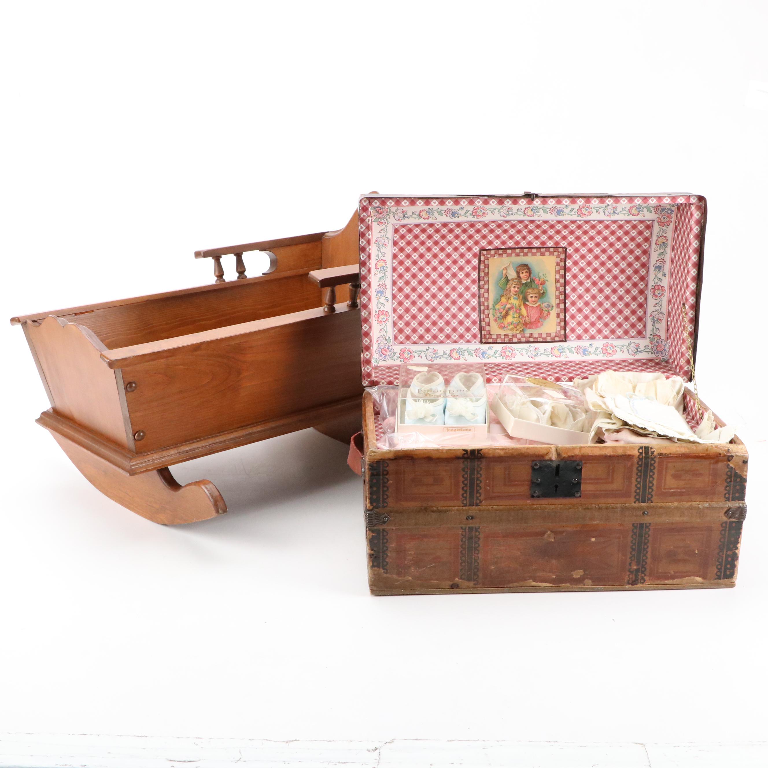 Finished Wood Doll Cradle and Trunk with Doll Clothes