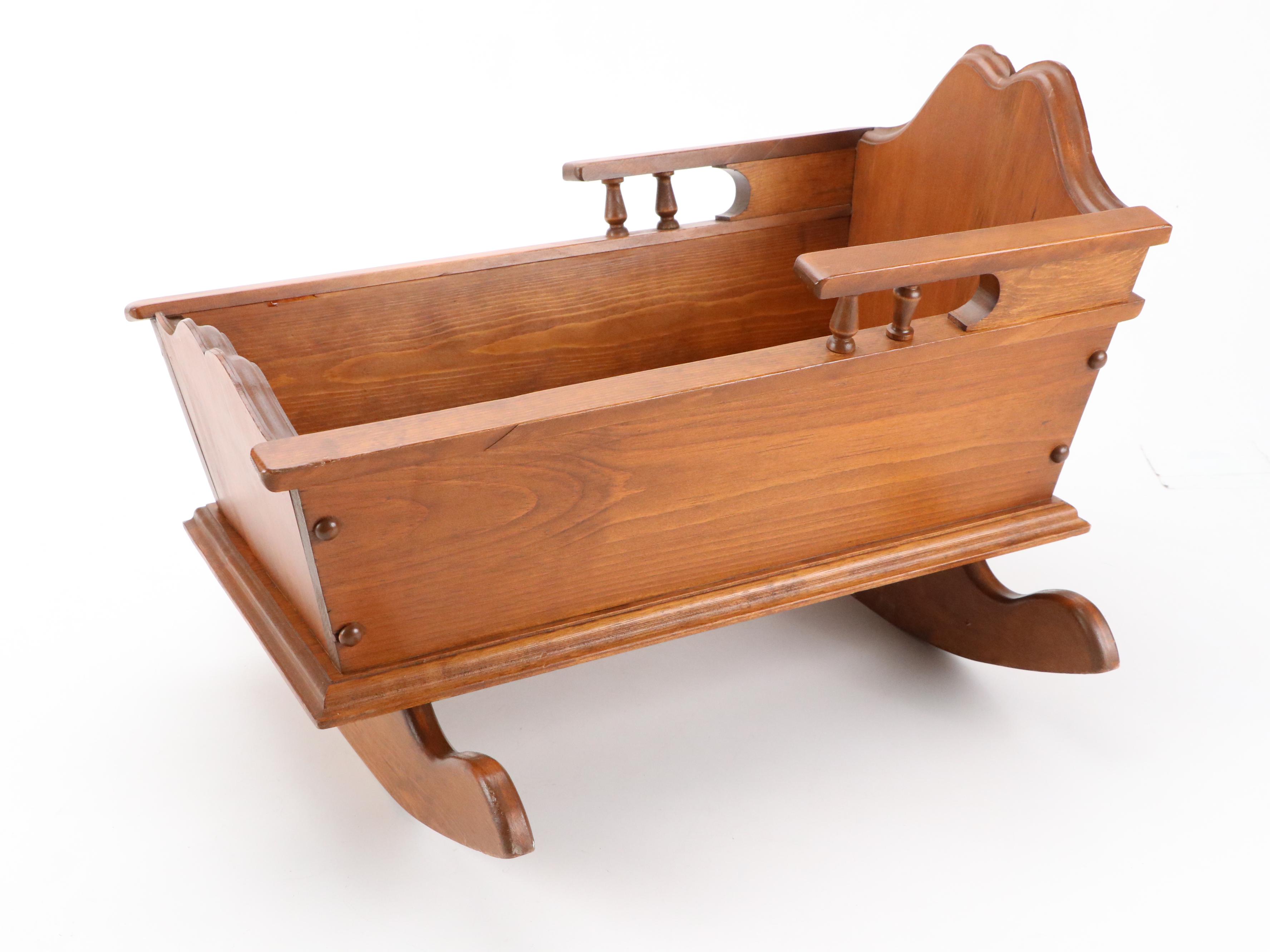 Finished Wood Doll Cradle and Trunk with Doll Clothes