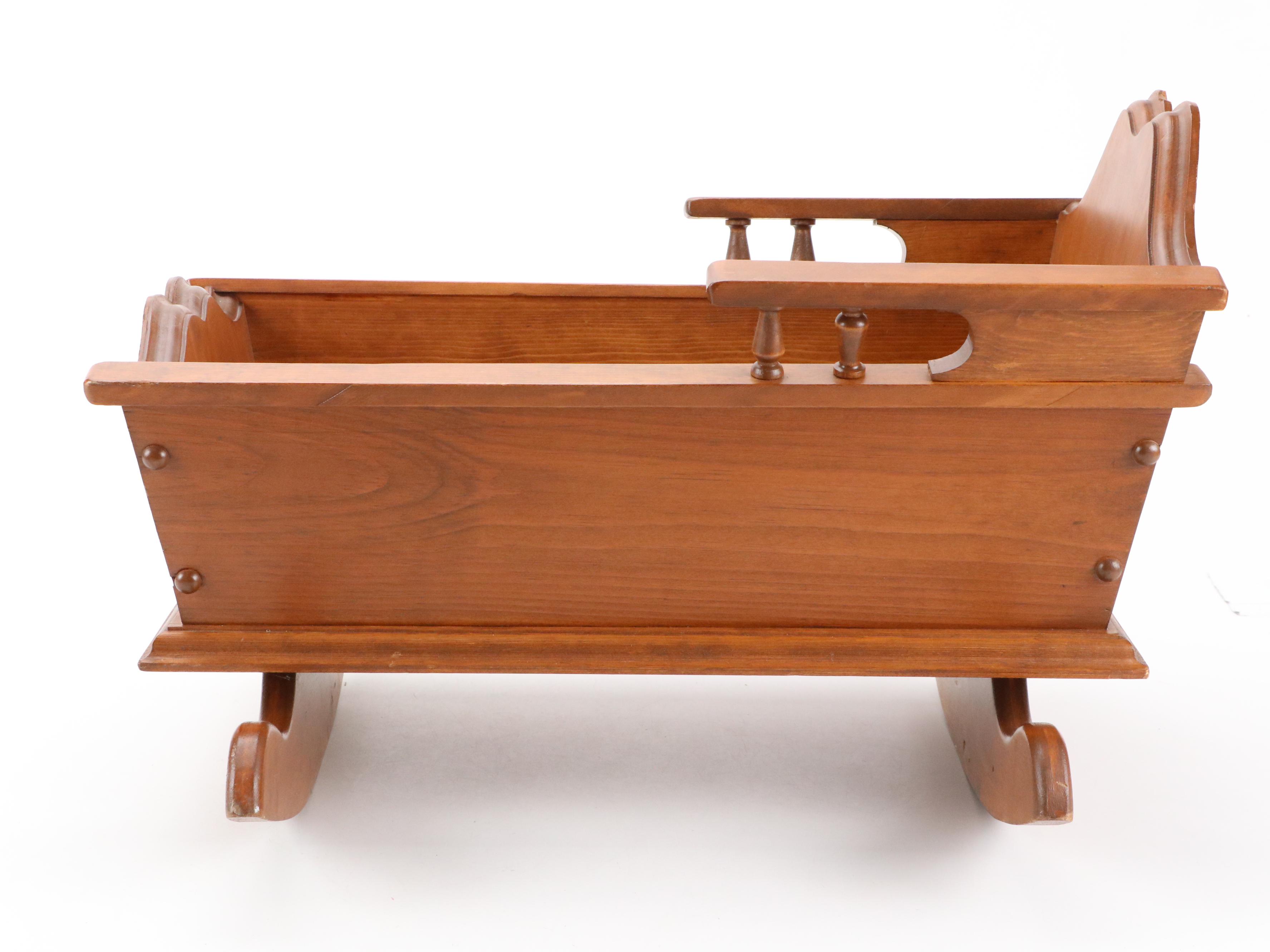 Finished Wood Doll Cradle and Trunk with Doll Clothes