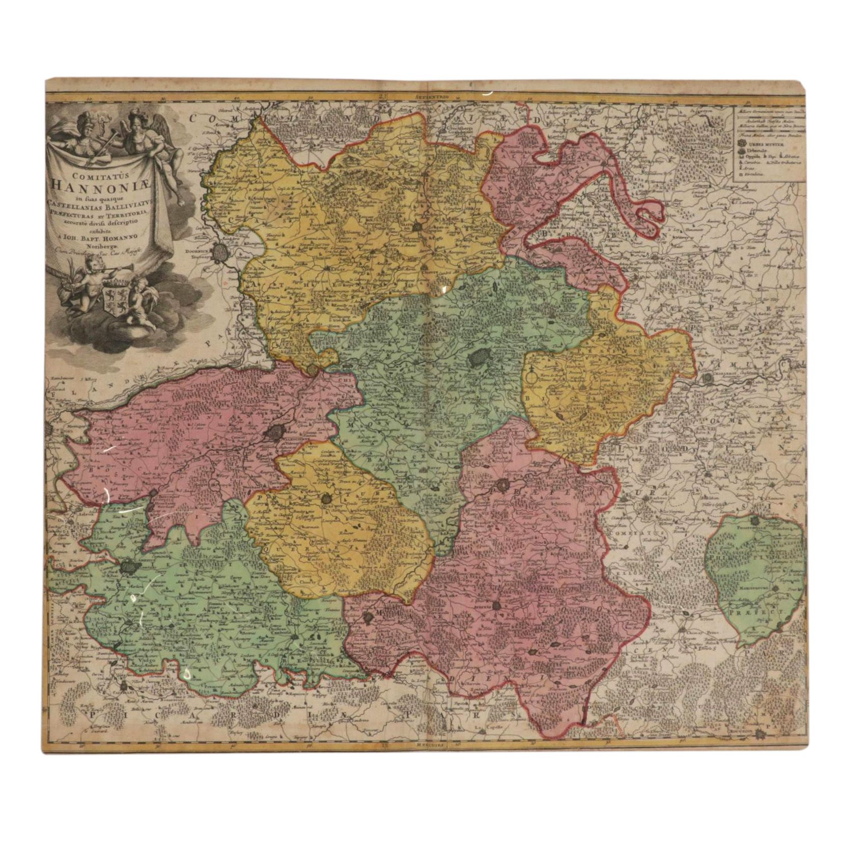 Johann Baptiste Homann Hand-Colored Engraved Map "Hannoniae", 18th Century