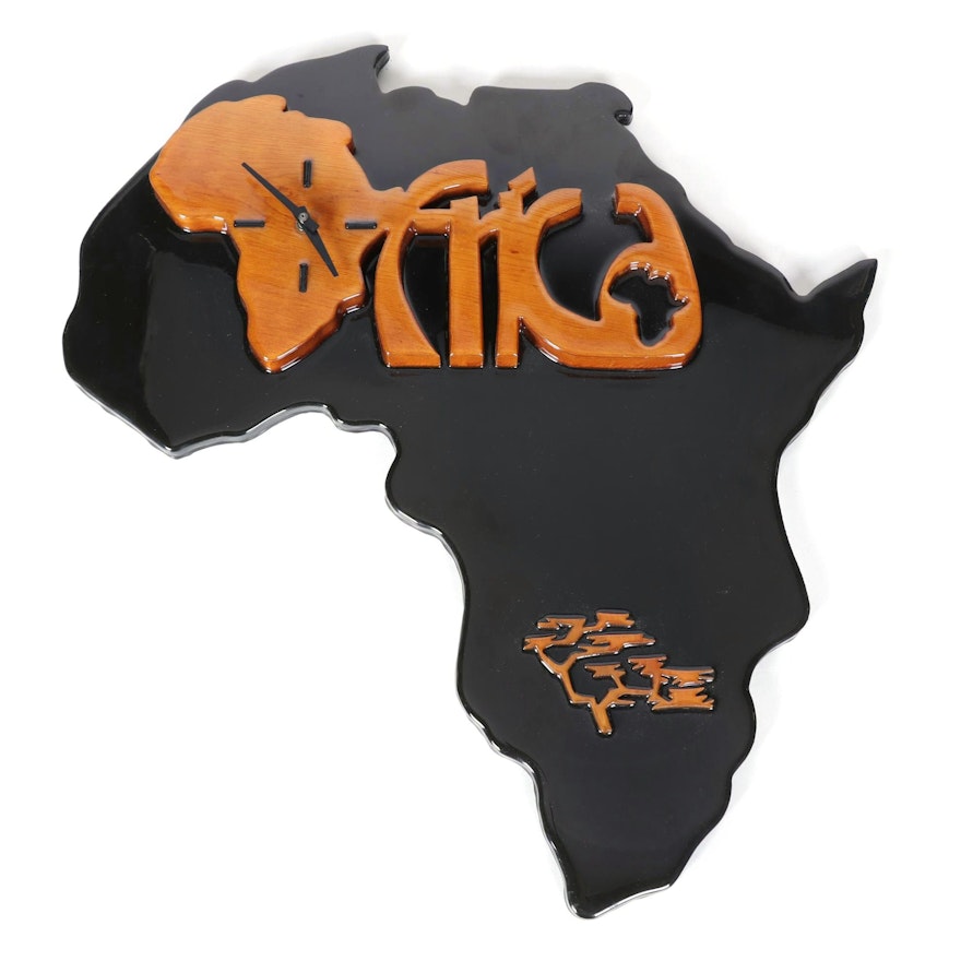Lacquered and Ebonized Wood African Continent Wall Clock