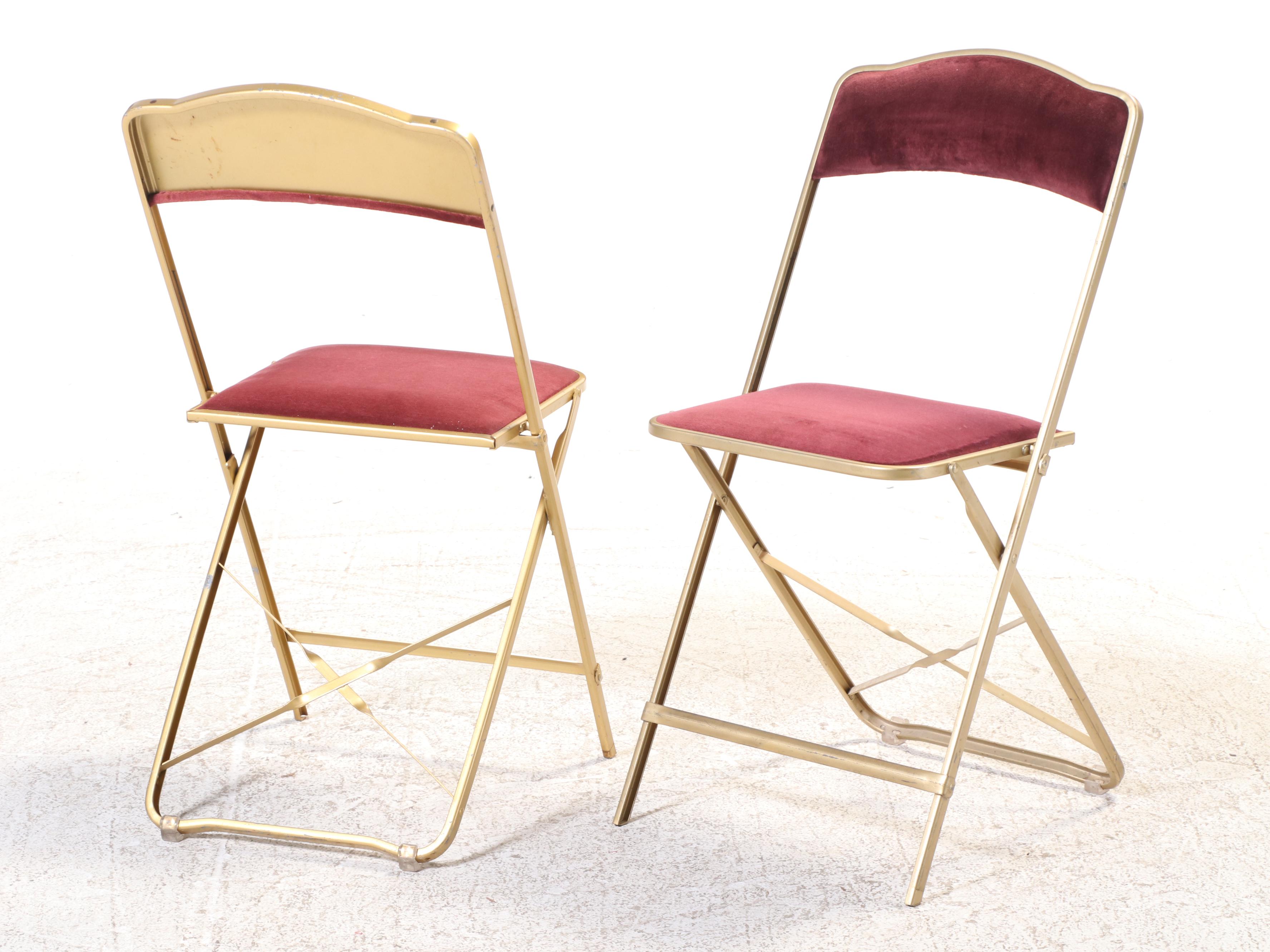 Eight A. Fritz & Co. Gilt Metal and Velvet Folding Side Chairs, Mid-20th Century
