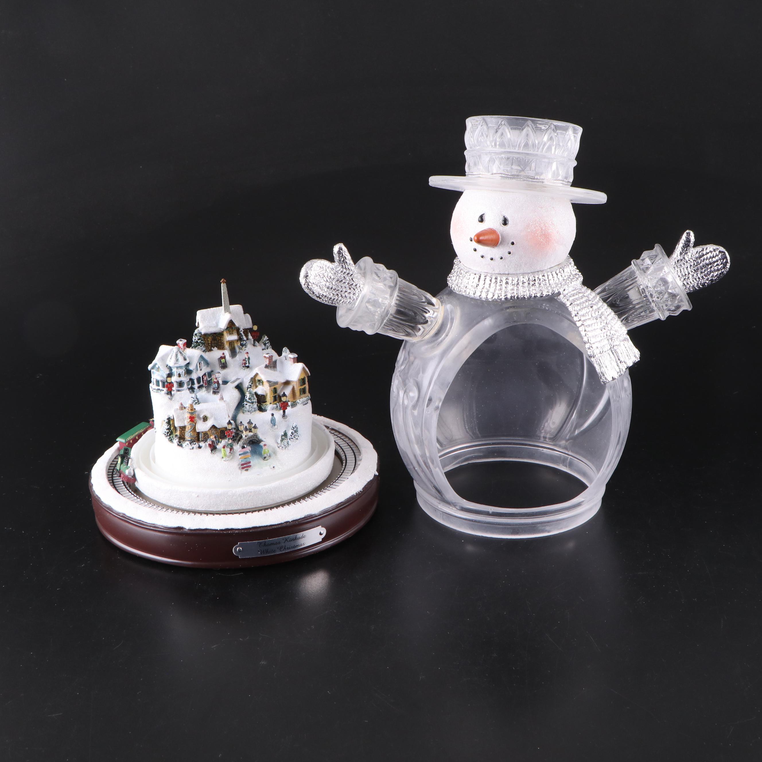 Thomas Kinkade Illuminated Snowman with Other Snowman Decor