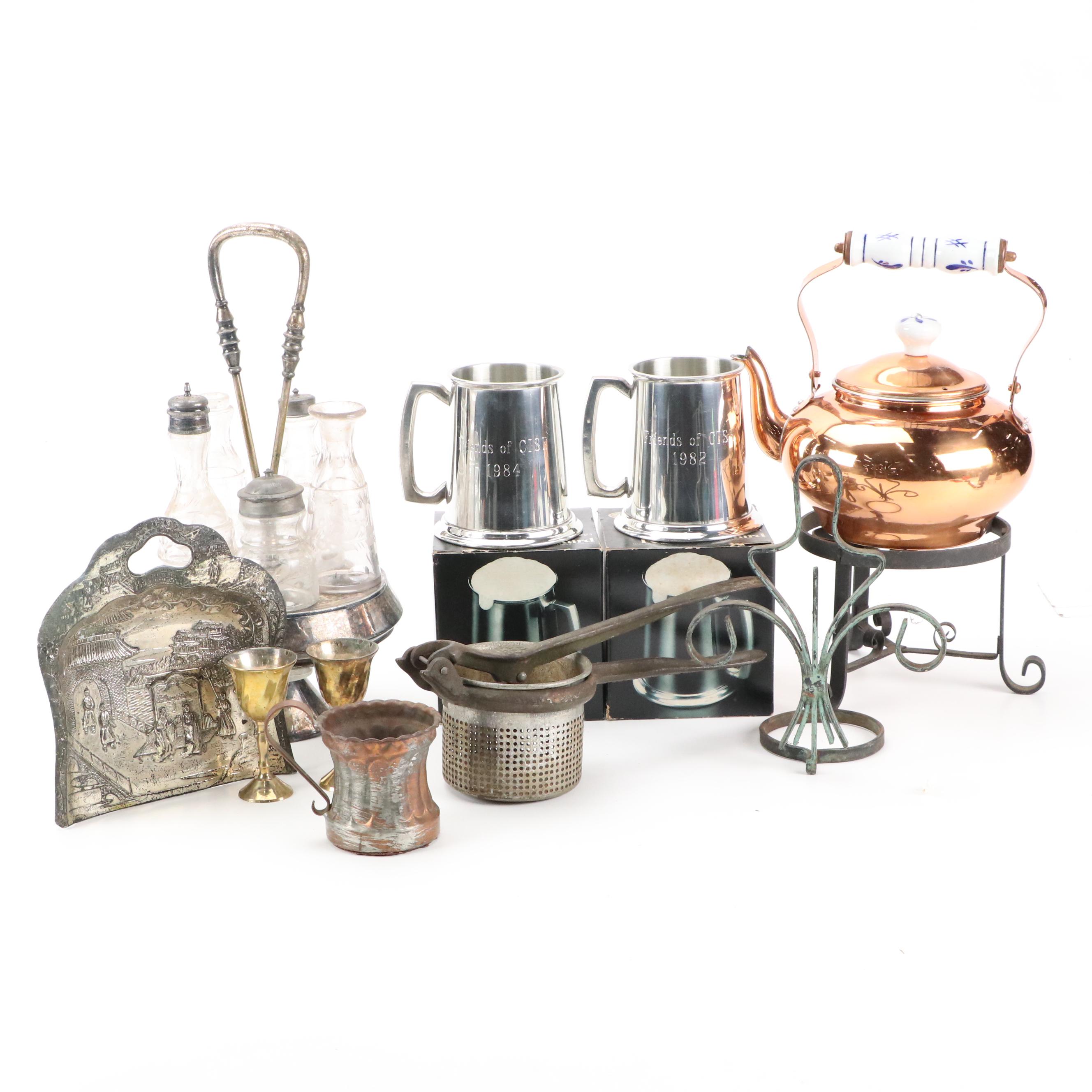 Cincinnati Metal Potato Ricer Press, Silver Plate Castor Set, Kettle and More