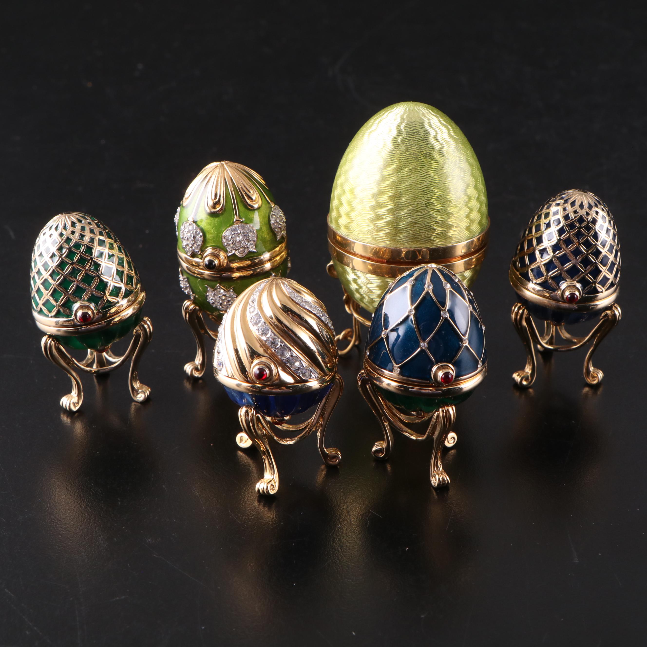 English 18K Gold Guilloché Egg Ring Box with Bejewelled Enamel Egg Boxes